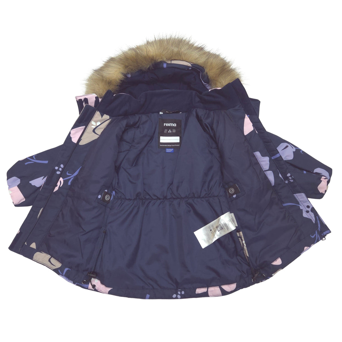 A navy blue children's puffer jacket with a faux fur hood trim and a pastel abstract print, shown flat on a white background.