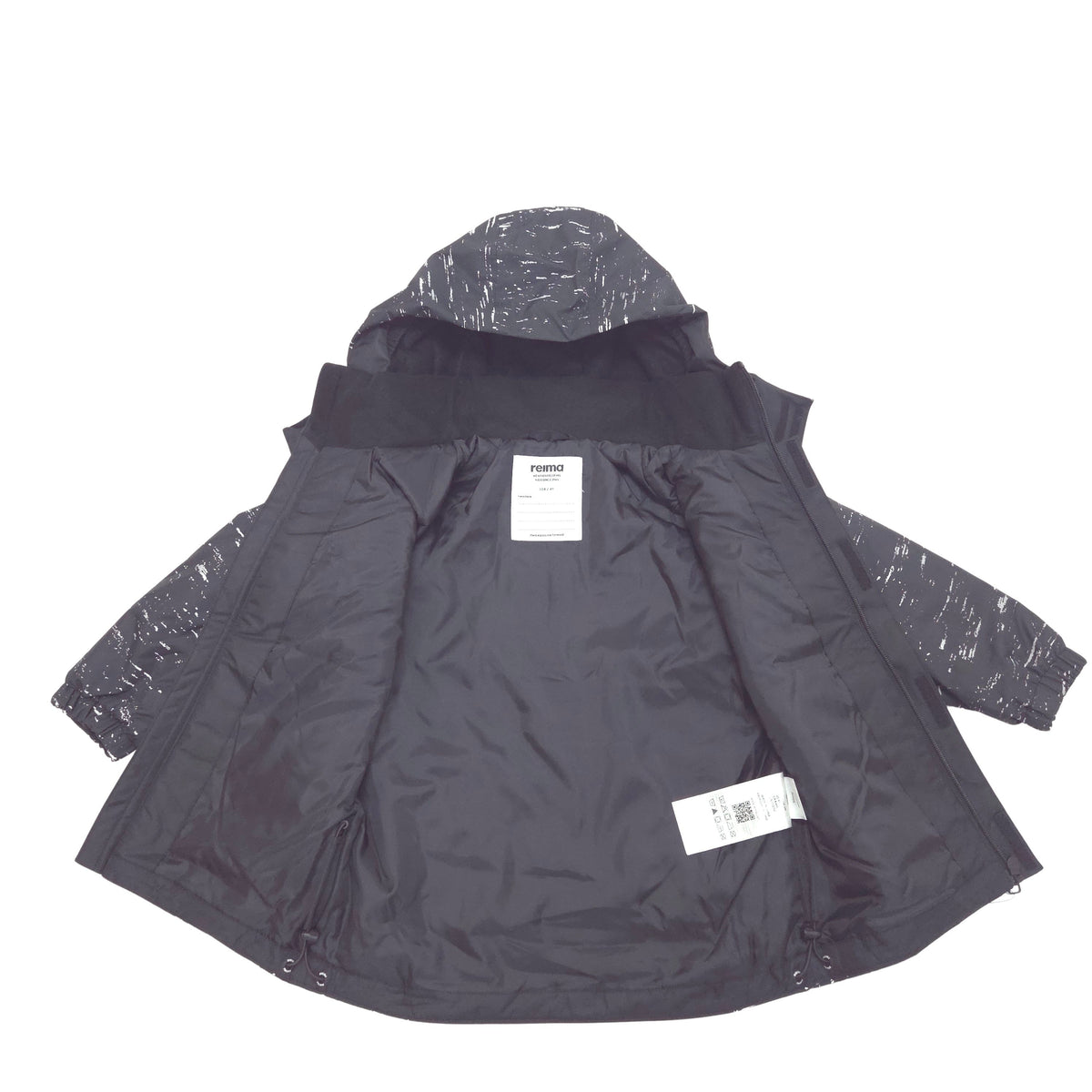 A black hooded winter jacket with patterned sleeves and a black collar, laid flat on a white background with retail tags attached.