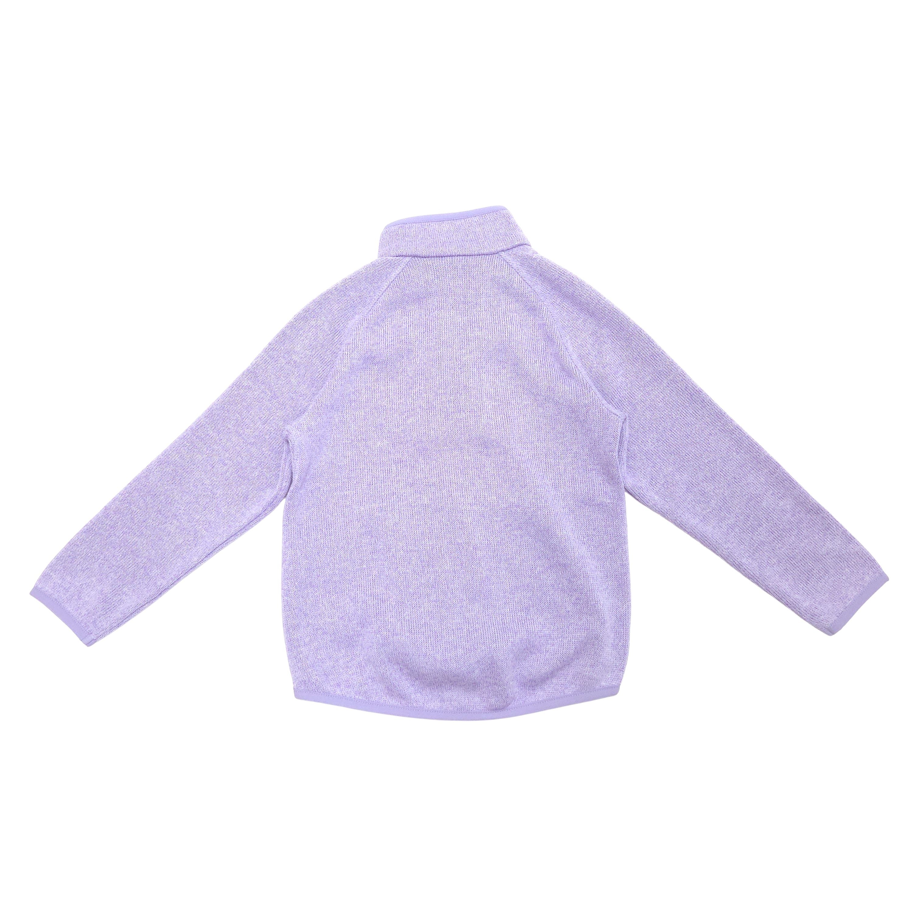 A light purple long-sleeve knit top with a mock neck collar, shown from the back on a solid white background.