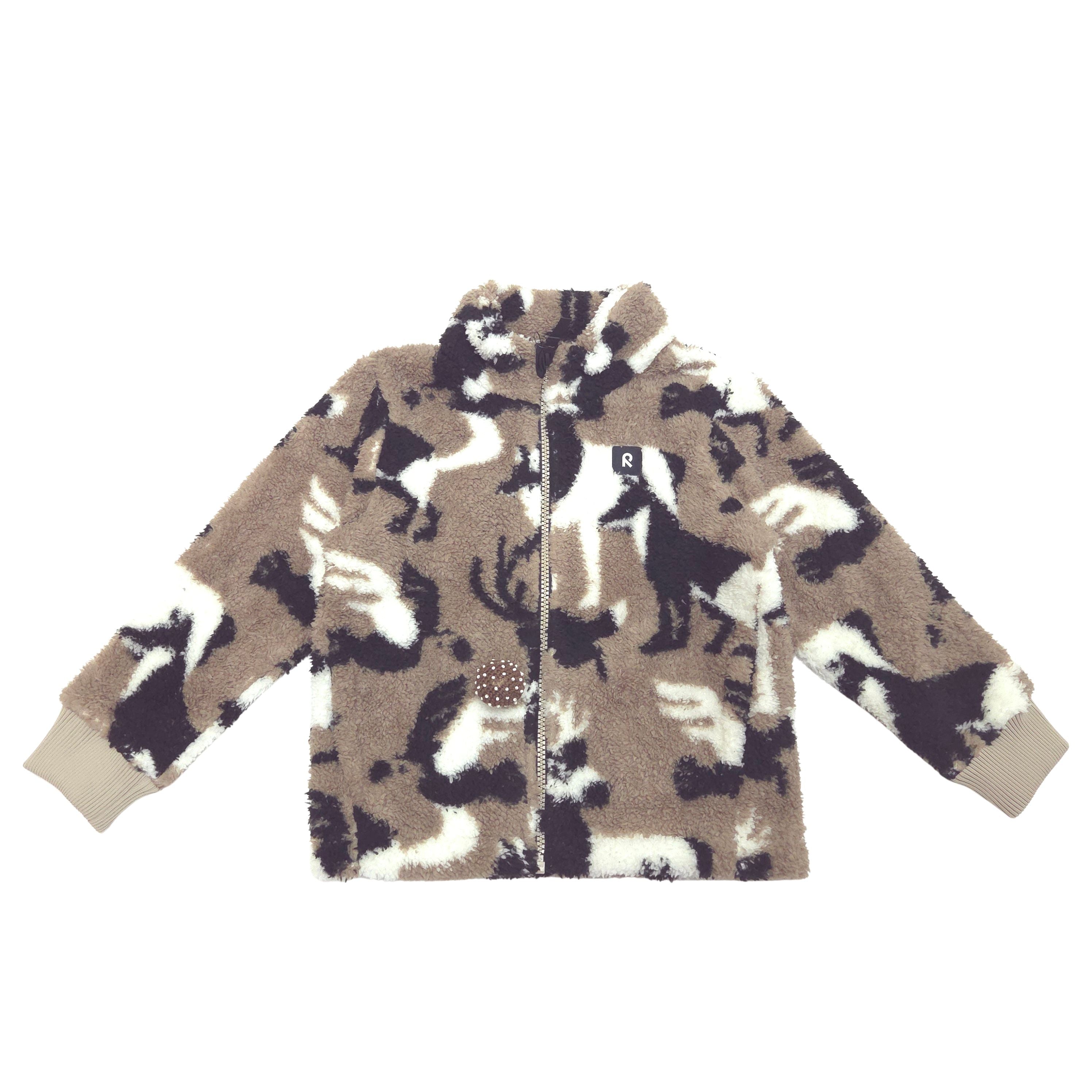A children's zip-up fleece jacket with a brown, beige, and white animal print pattern, featuring a high collar, front zipper, and ribbed cuffs.
