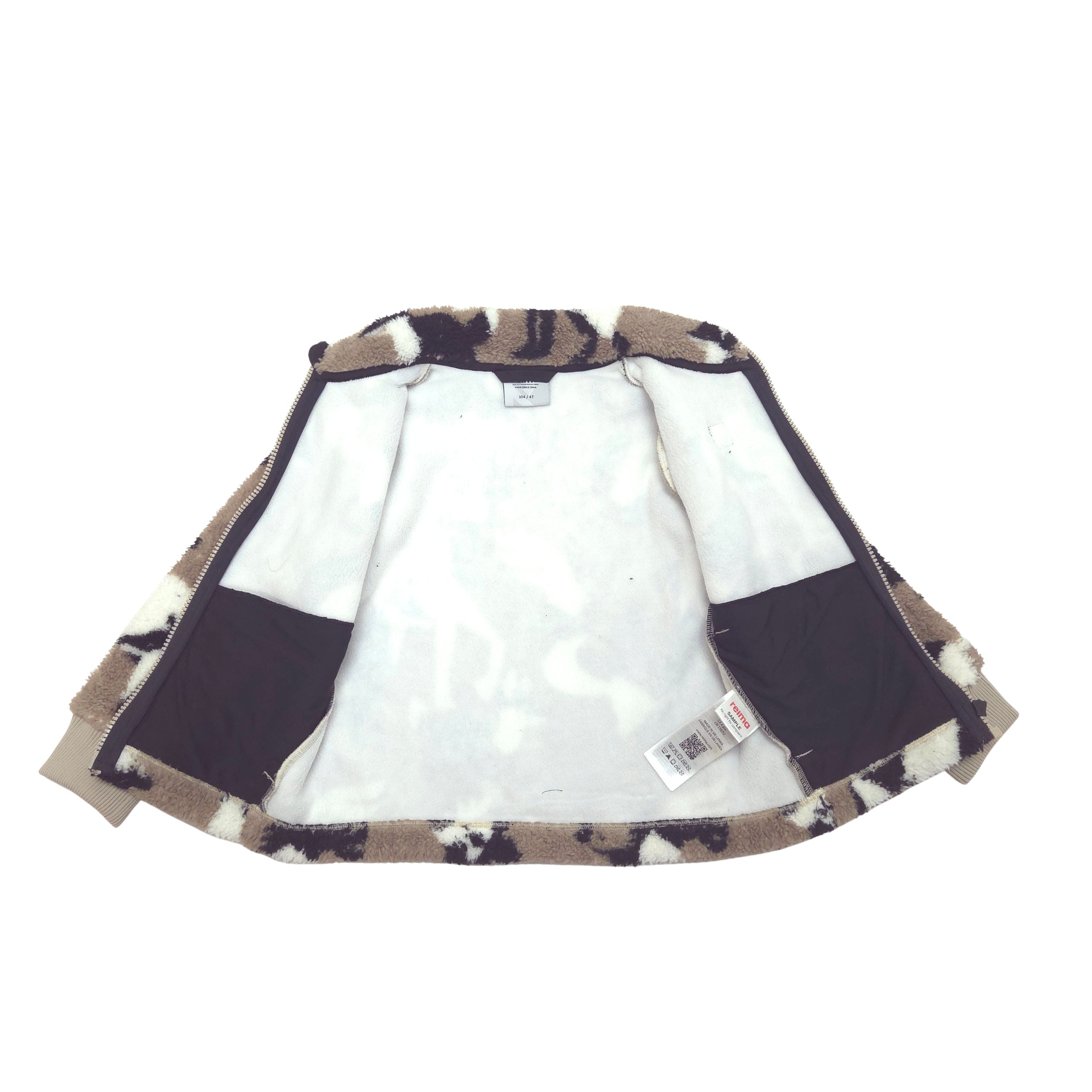 A children's open-front jacket or cardigan laid flat on a white background, featuring a brown and black animal-print.