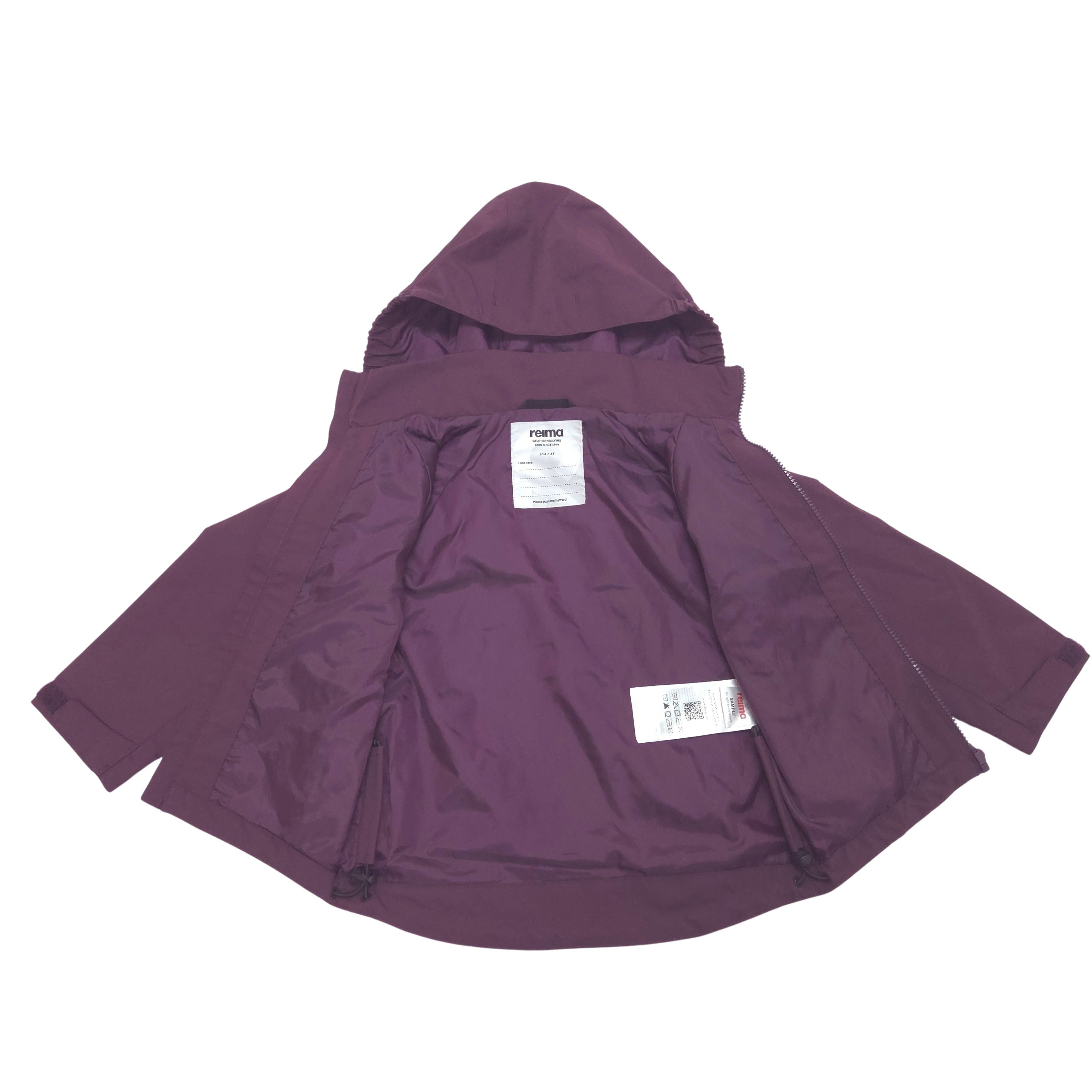 A purple hooded jacket laid flat on a white background, showing the interior lining and two product tags.