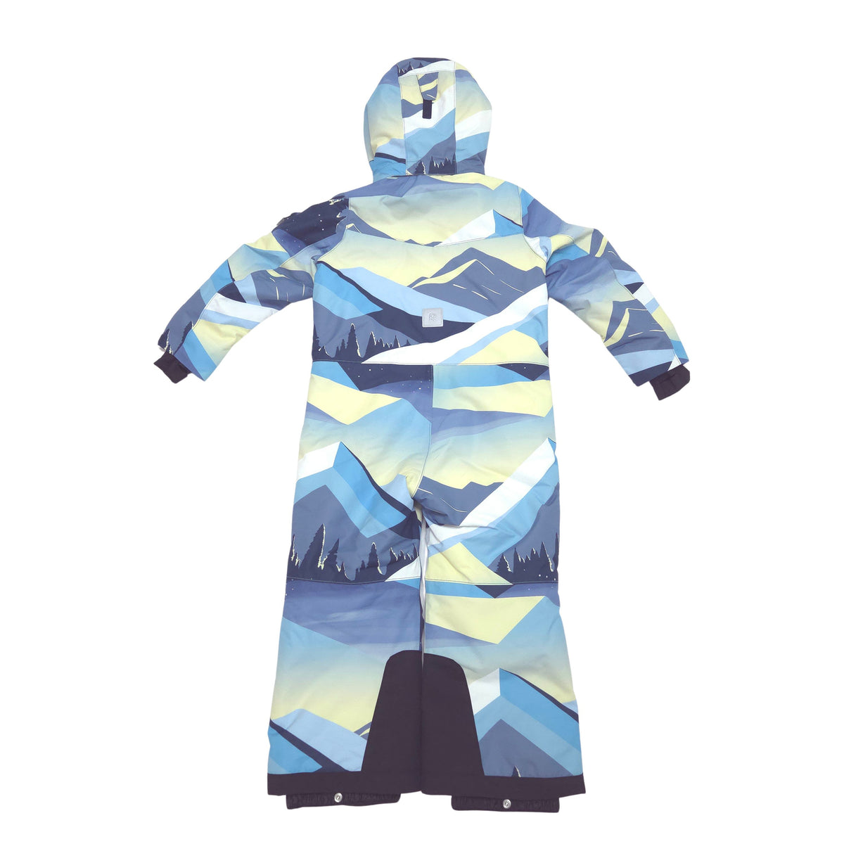 A hooded snowsuit with a geometric mountain pattern in shades of blue, yellow, and gray, featuring dark navy trim on the cuffs, hem, and shoulder.