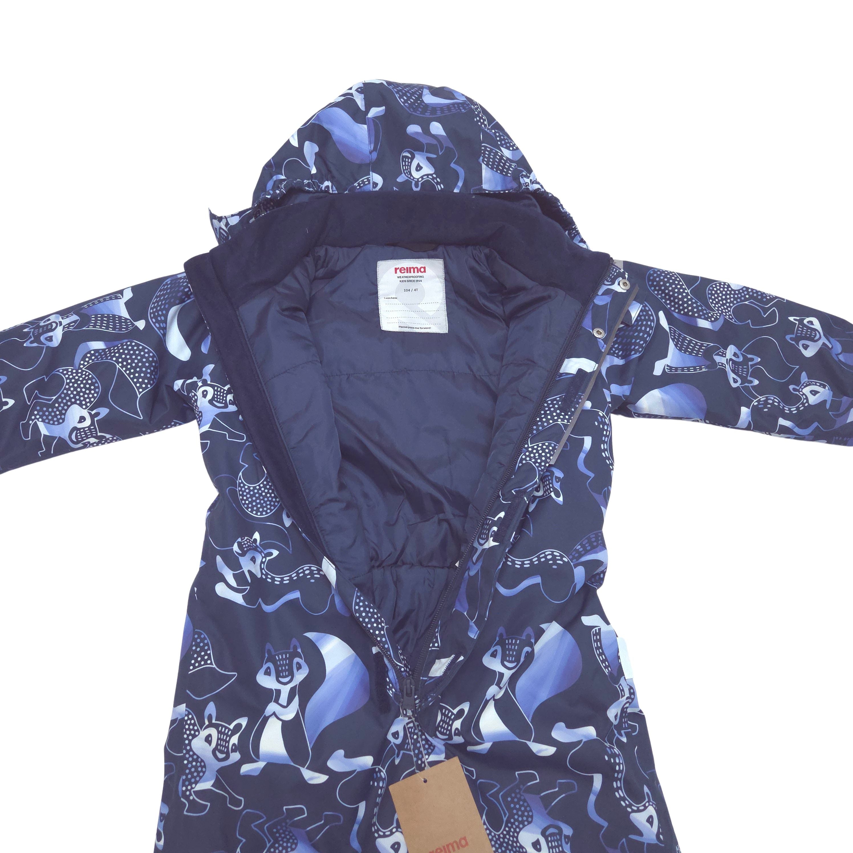 A navy blue hooded one-piece snowsuit with an allover print of cartoon foxes, in shades of blue and white, with navy lining shown against a plain white background.