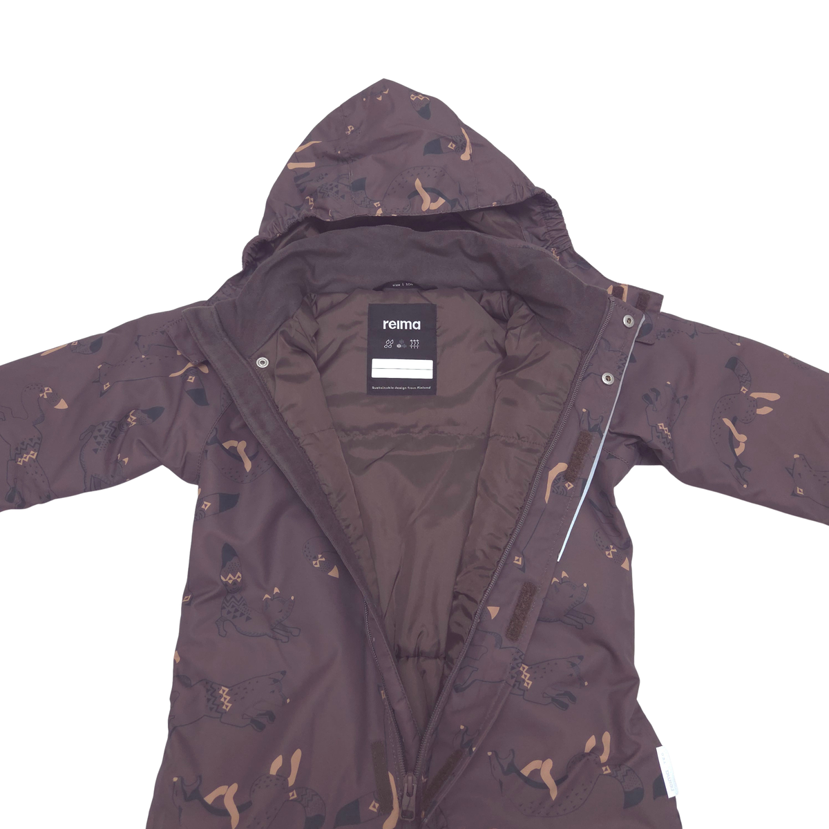A hooded shell suit in dark brown with a tan and black abstract pattern, laid flat against a white background. The brand label 'reima' is visible inside the collar.