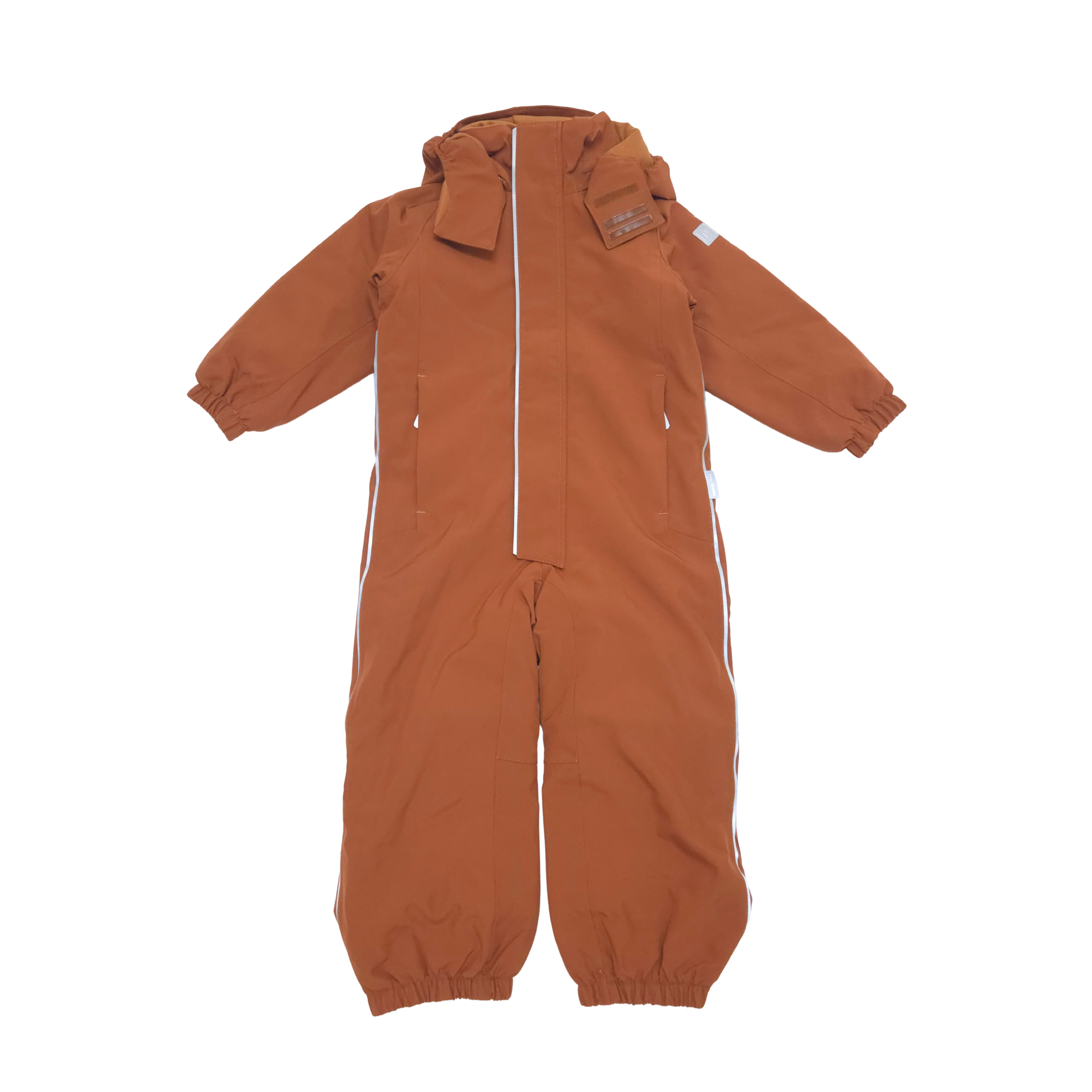 A rust-orange hooded snowsuit with reflective side stripes and on cover zipper, shown flat against a white background.
