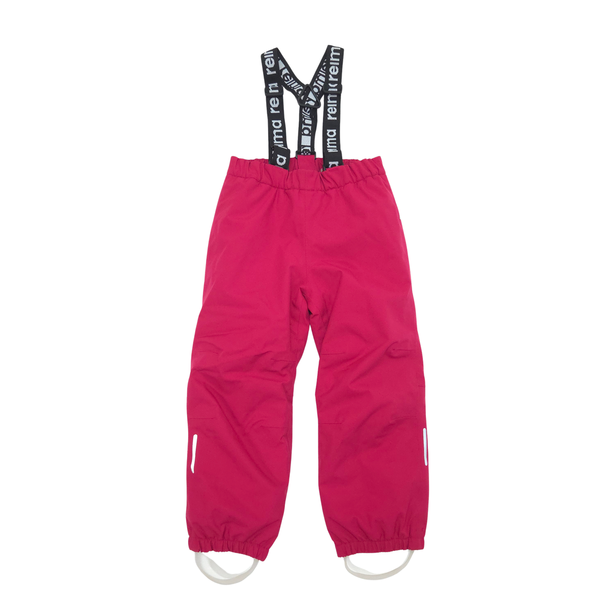 Bright pink children's snow pants with adjustable black suspenders featuring white text, shown flat on a white background.