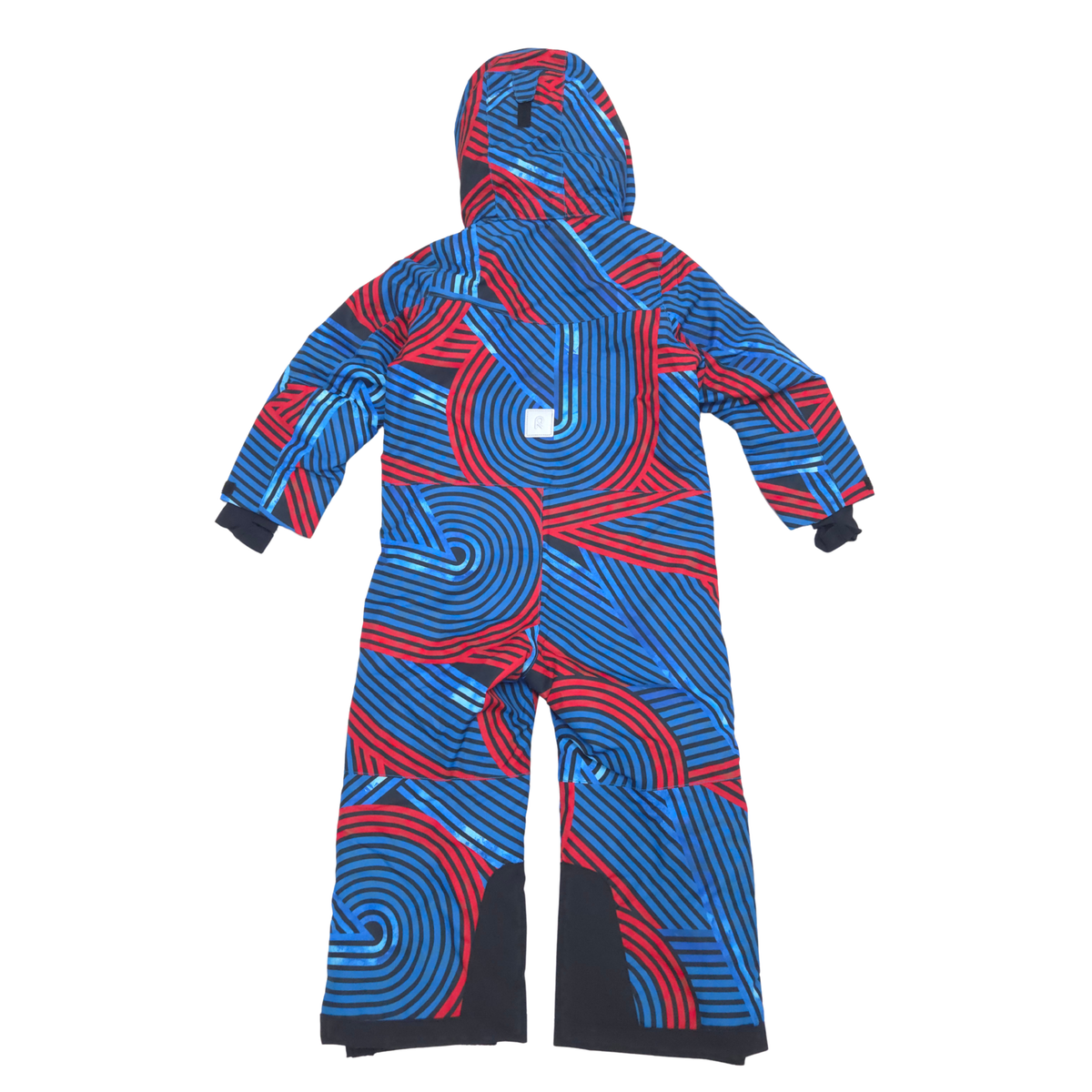 A hooded one-piece snowsuit with a bold abstract pattern of red and blue concentric loops, shown flat against a solid white background.
