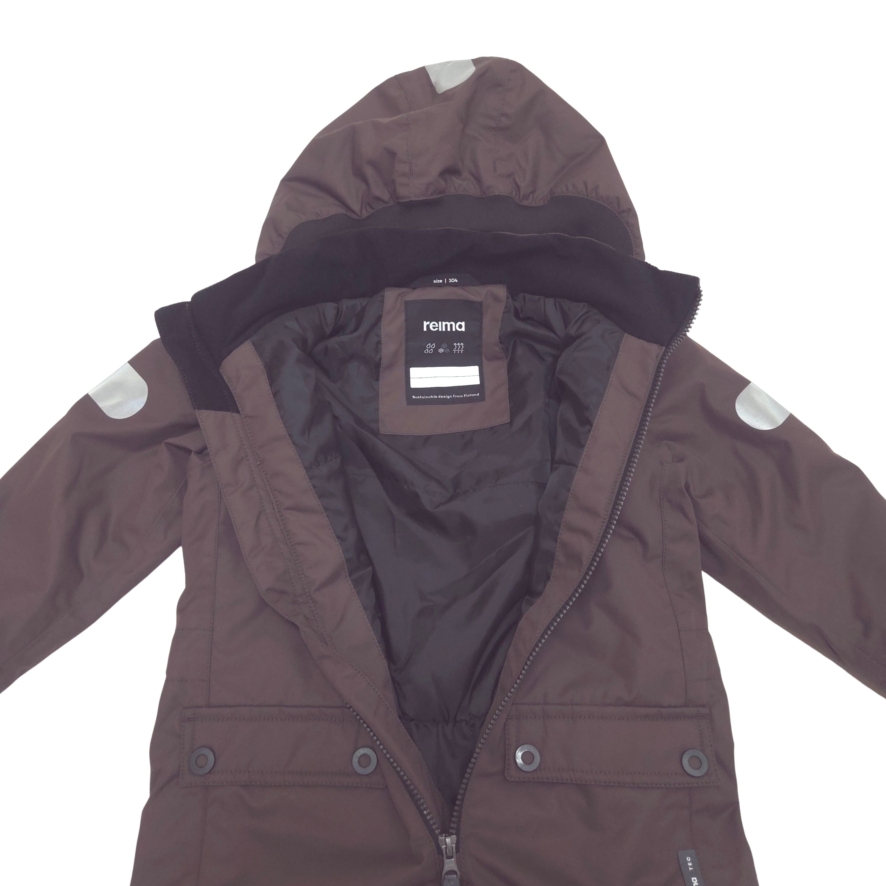 A dark brown hooded lined shell open front