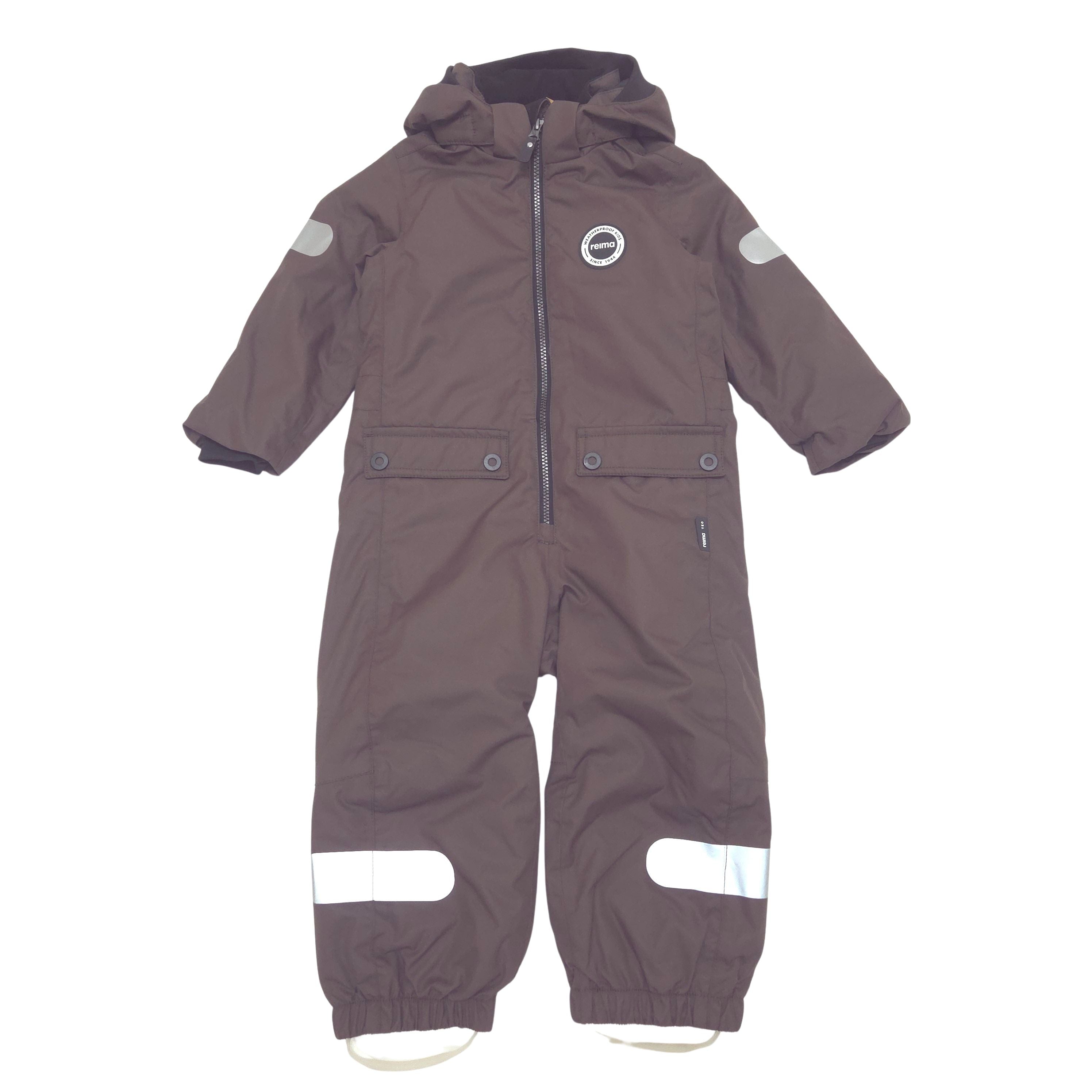 A dark brown hooded lined shell rainsuit with reflective stripes on the sleeves and legs, featuring a front zipper and snap-button pockets, shown against a plain white background.