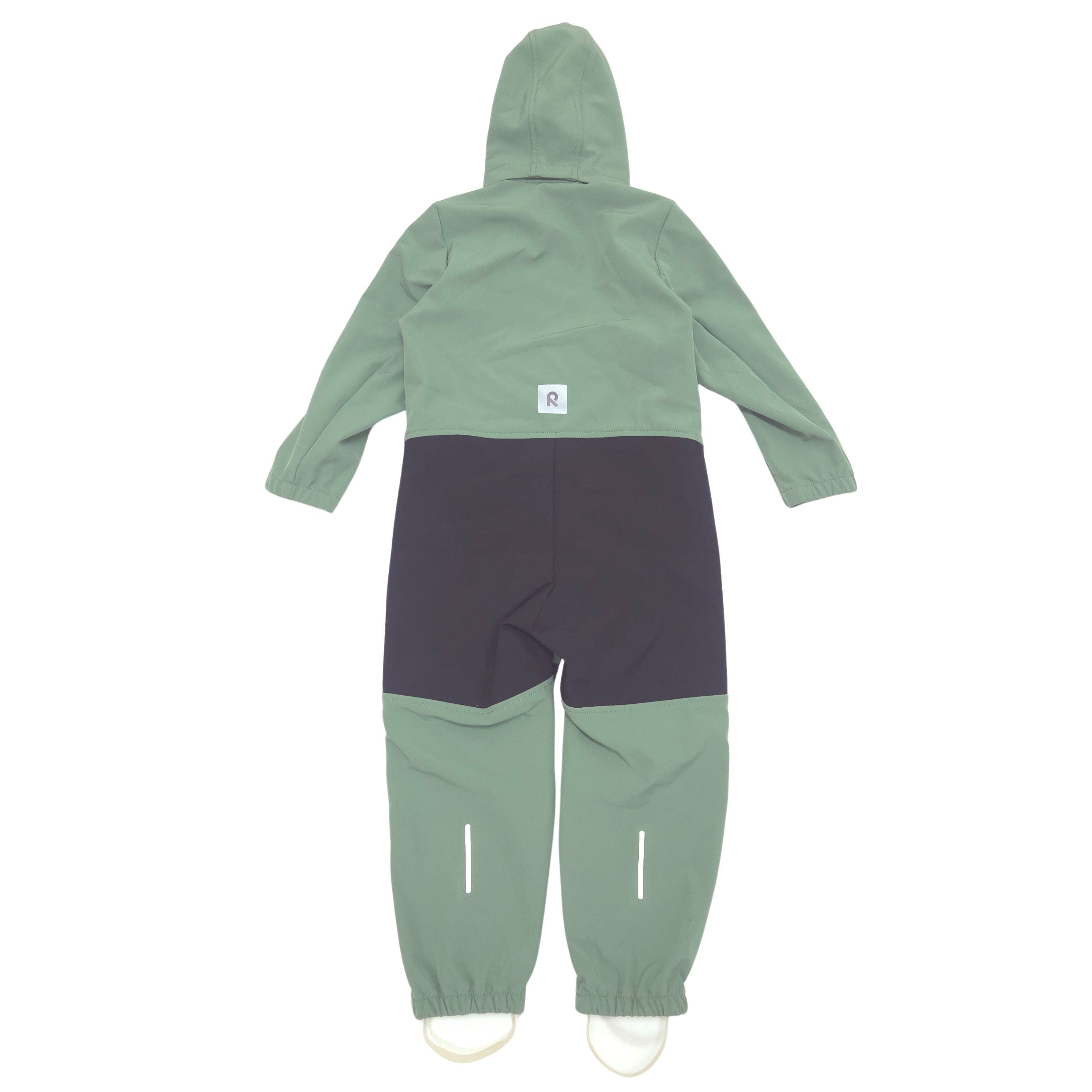 A hooded one-piece softshell suit shown from the back, featuring a sage green color-blocked design with a black panel across the upper thighs and white zipper details on the legs.