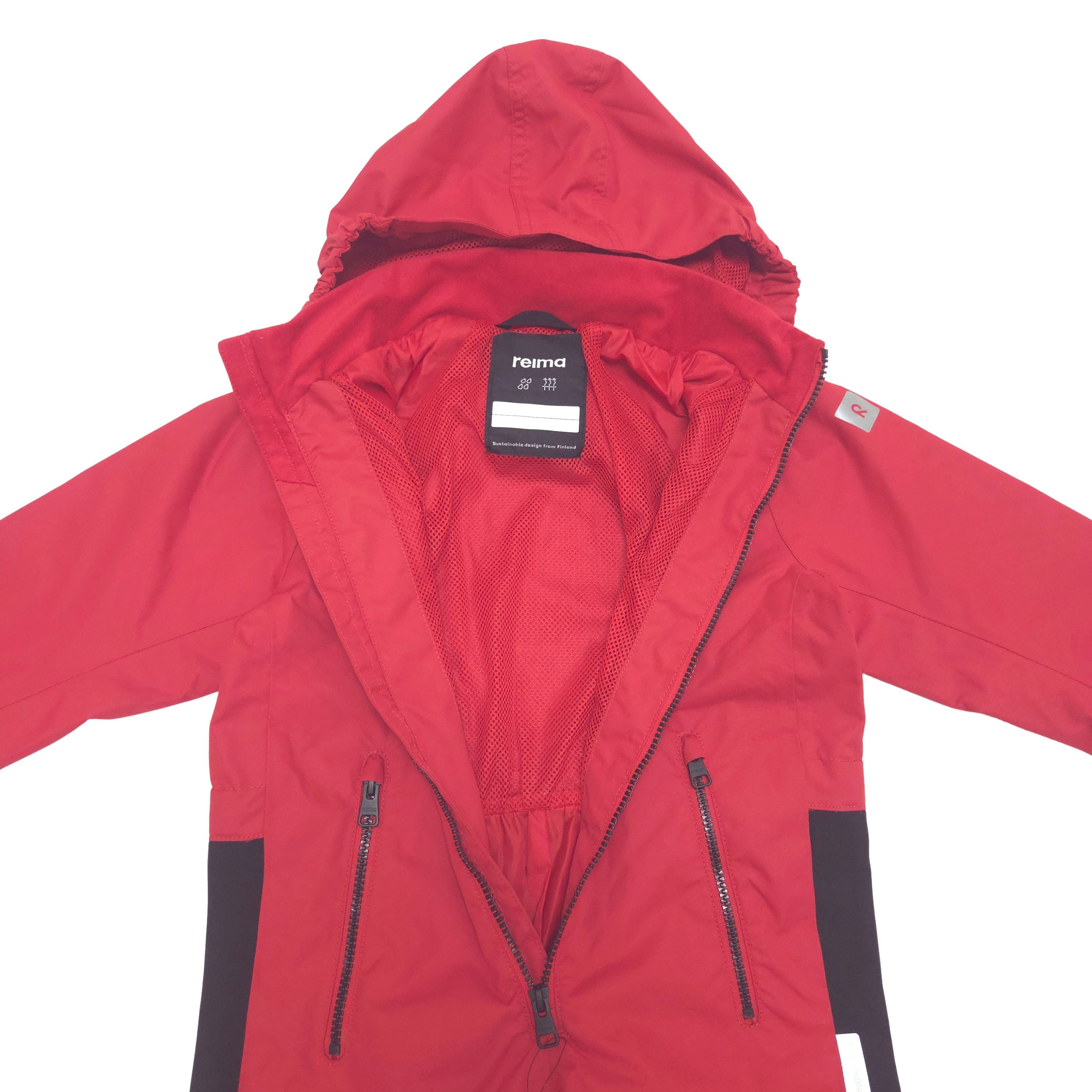 A children's hooded rainsuit in red and black with mesh lining