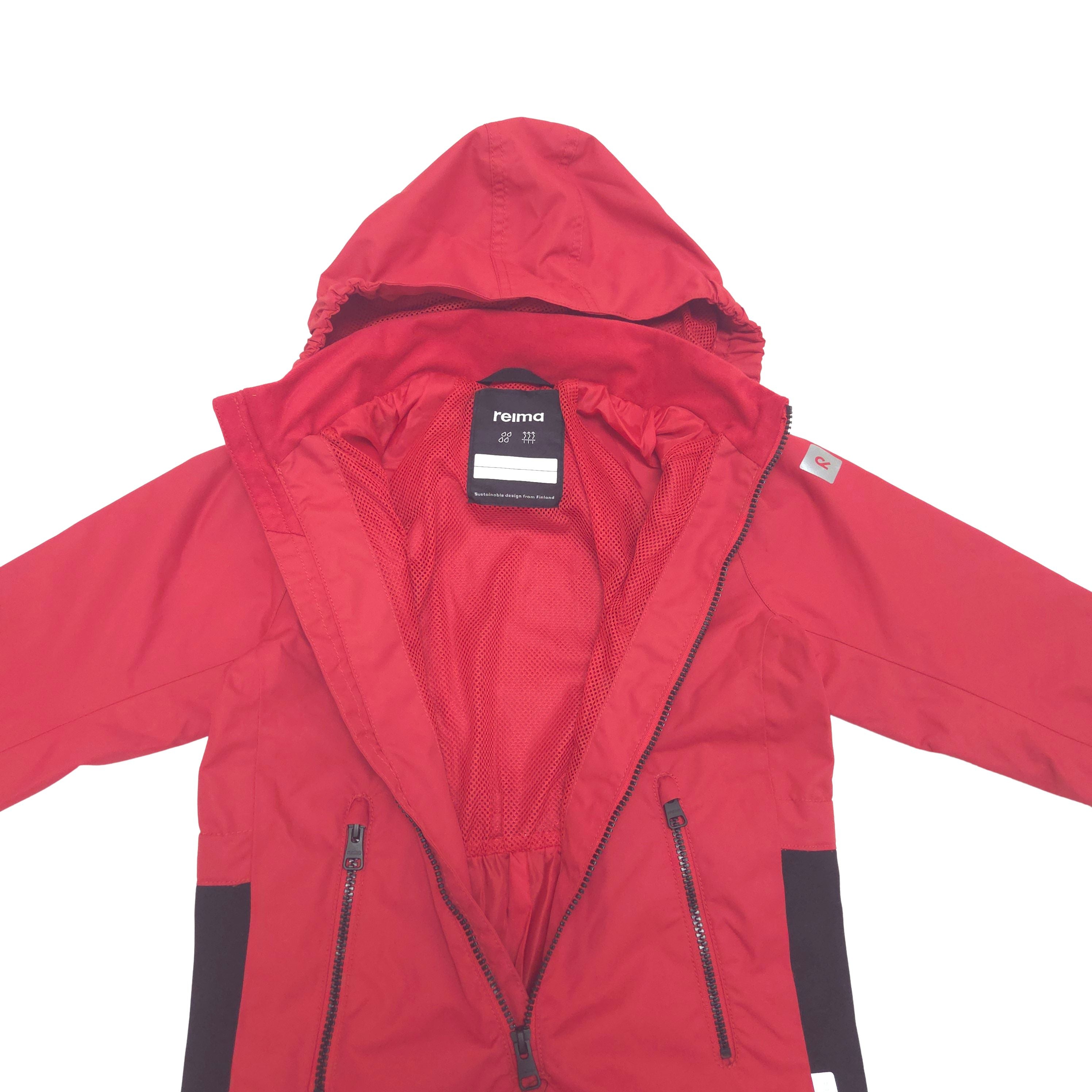 A children's hooded rainsuit in red and black with mesh lining