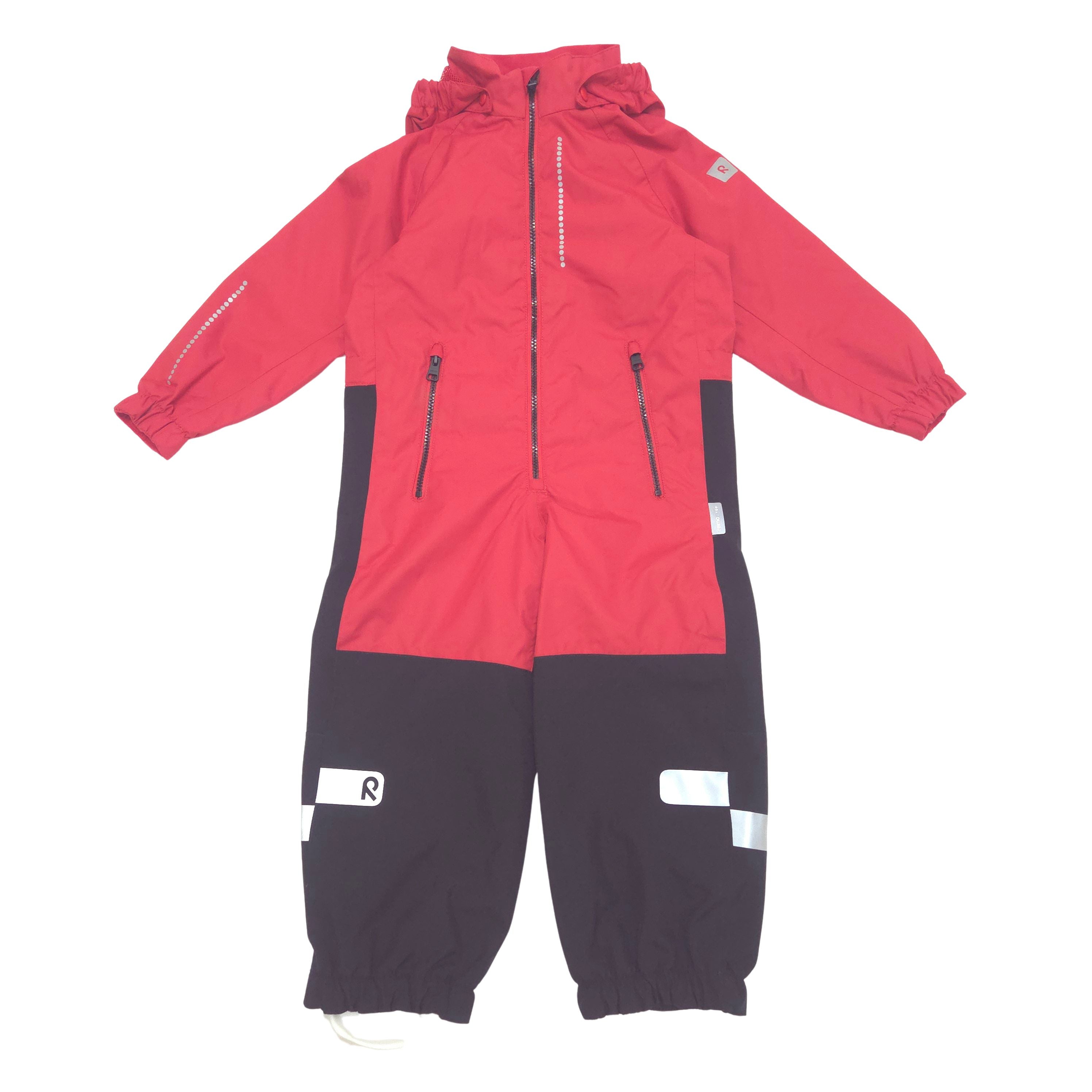A children's hooded rainsuit in red and black, featuring reflective silver stripes, zippered pockets, and a white logo patch on the leg.