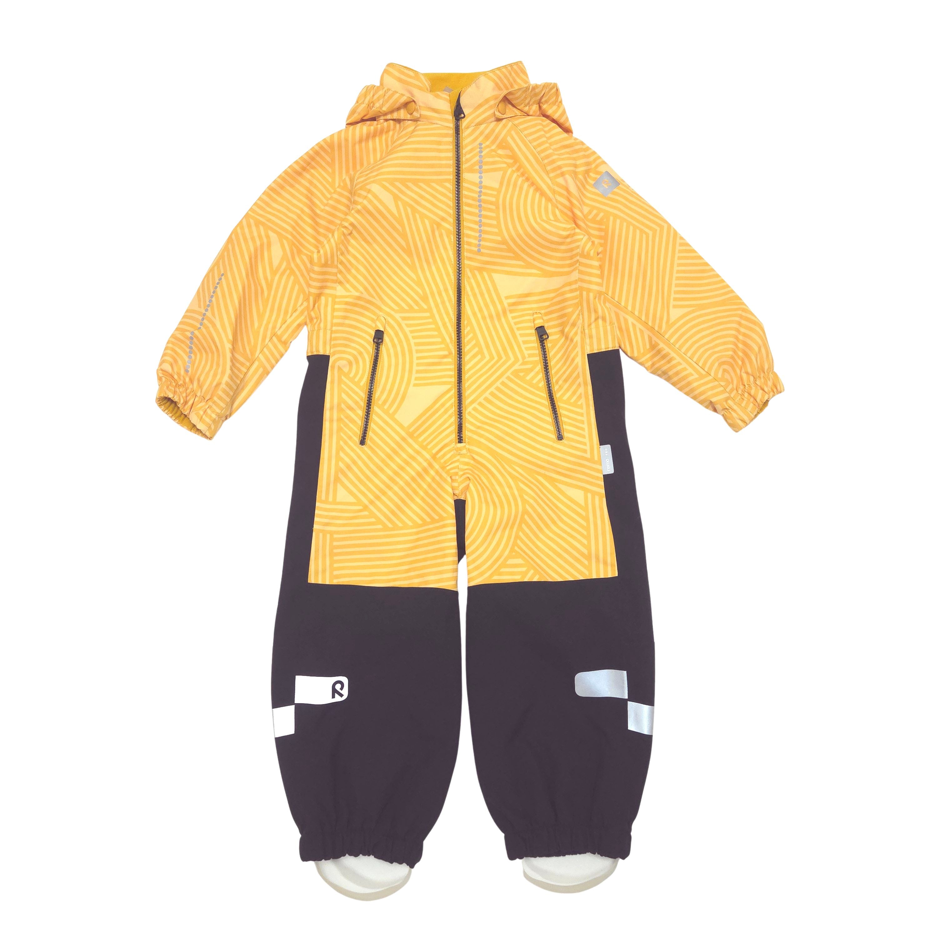 A children's hooded shell suit in a bright yellow and orange geometric pattern on the upper body and sleeves, with black lower legs and small reflective silver details, shown on a plain white background.