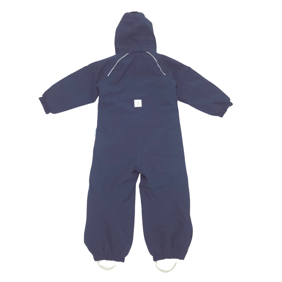 A navy blue hooded shell suit with white piping details and silicon boot straps at the foot openings, displayed flat against a white background.