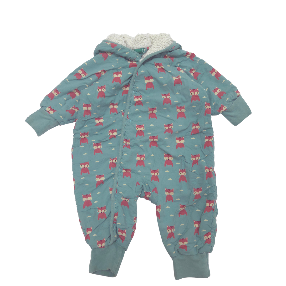 A baby hooded one-piece snowsuit in a dusty teal blue, featuring an all-over print of red foxes with white accents. The inside hood is lined with soft white fleece.