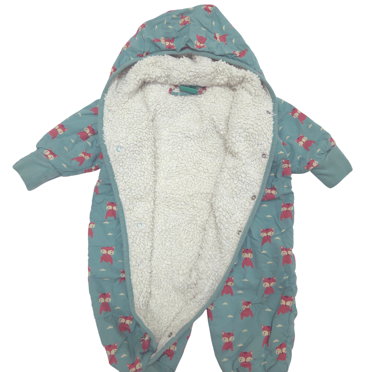 A hooded one-piece baby sleep suit with a teal blue exterior patterned with pink and red foxes, featuring a thick white sherpa lining.