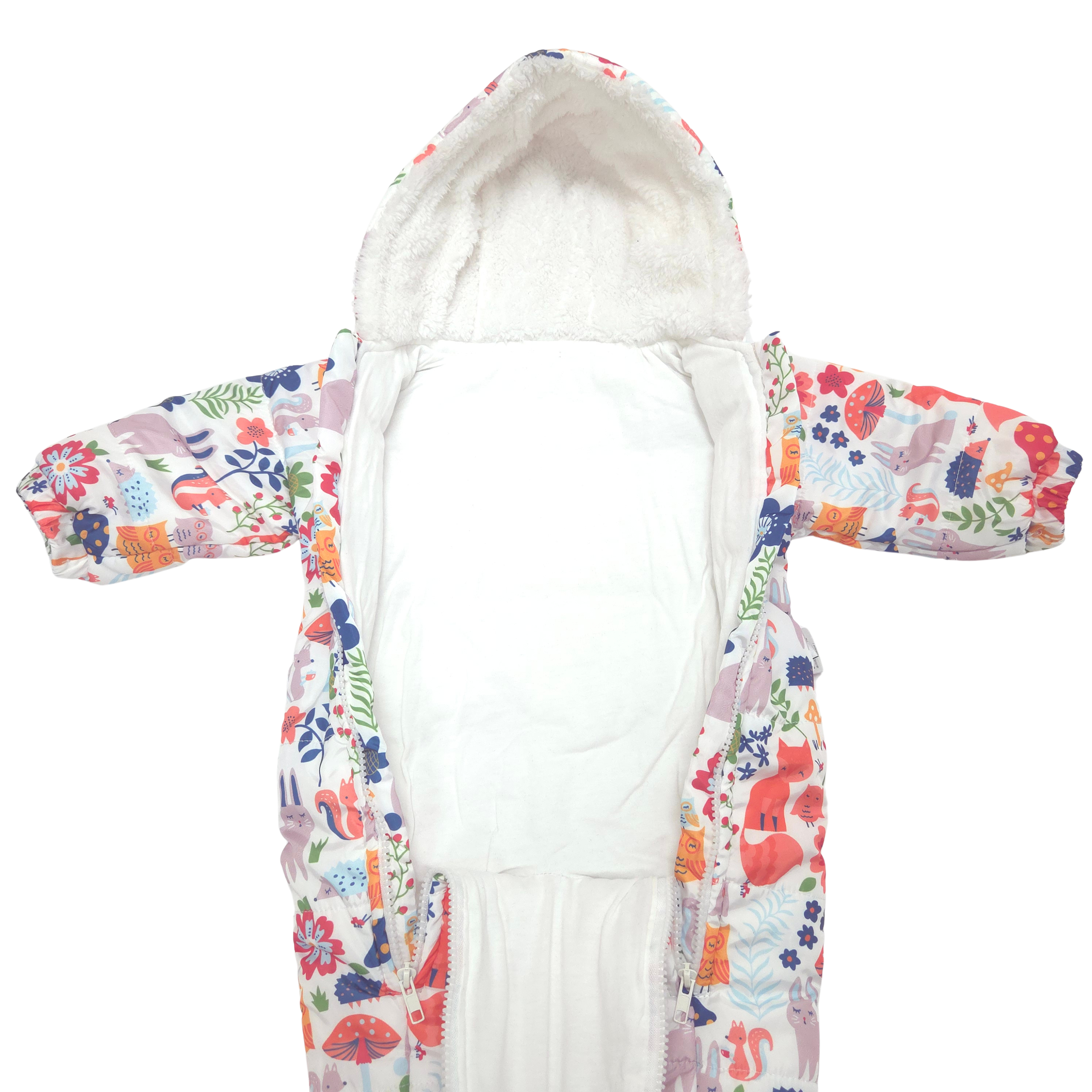 A hooded baby overal with a colorful floral and animal print on a white background, featuring a plush white faux-fur hood lining and a white inner body.
