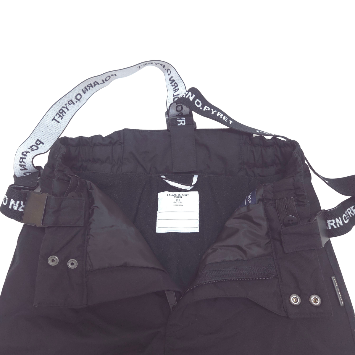 Black insulated winter pants with a white and black branded elastic suspenders, shown against a plain white background.