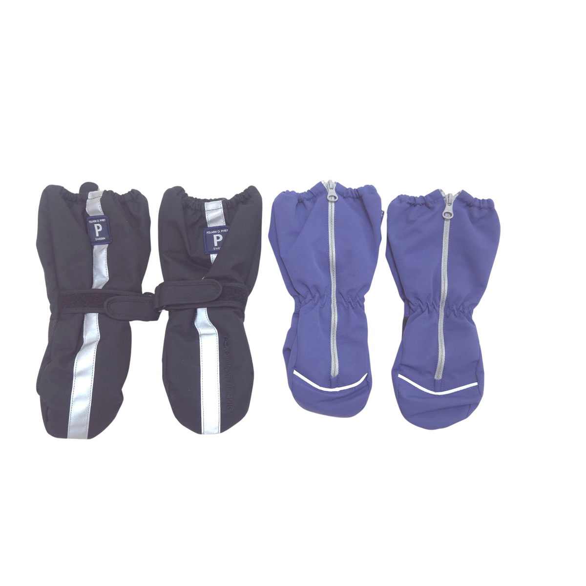 The set includes one pair of winter mittens, size 1-2Y, and one pair of blue shell mittens, size 1-2Y.