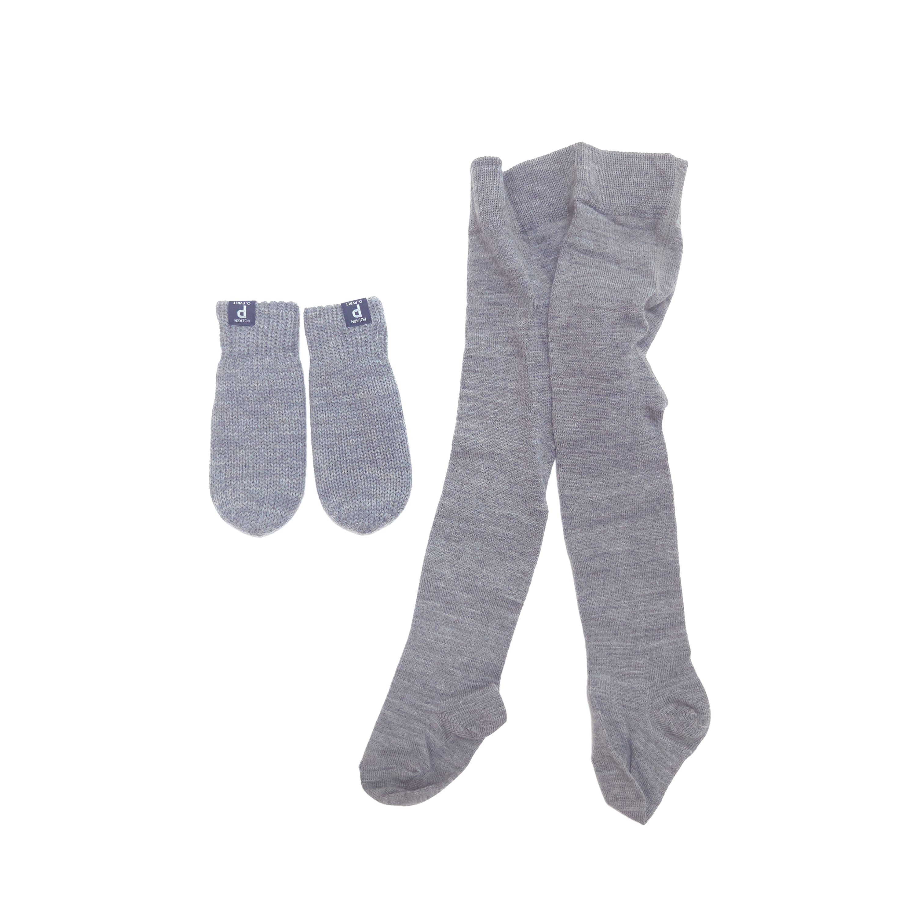 A baby clothing set featuring a pair of wool heather gray tights and matching wool mittens, laid out on a solid white background.