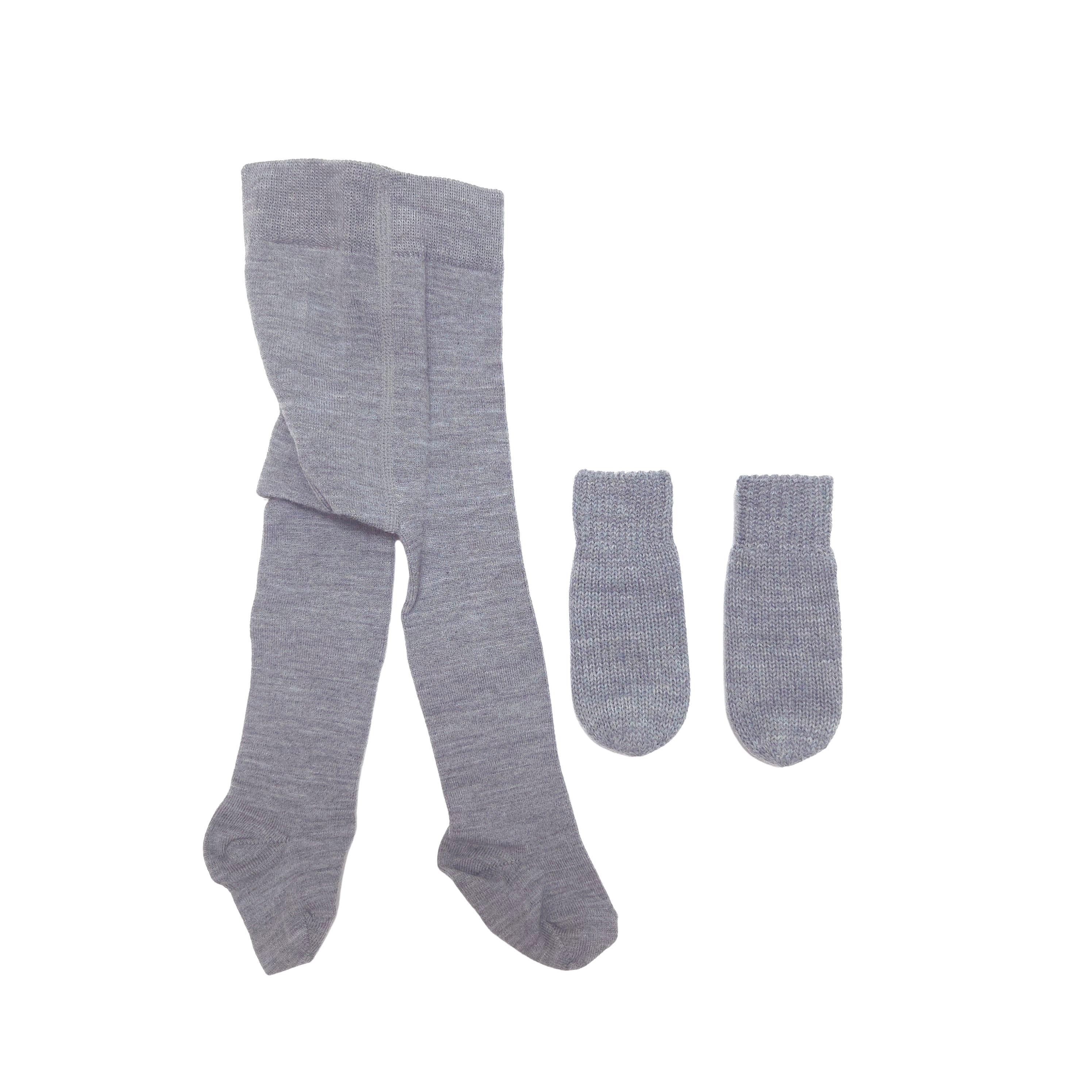 A pair of wool heather gray knit tights with matching gray wool mittens, displayed flat against a solid white background.