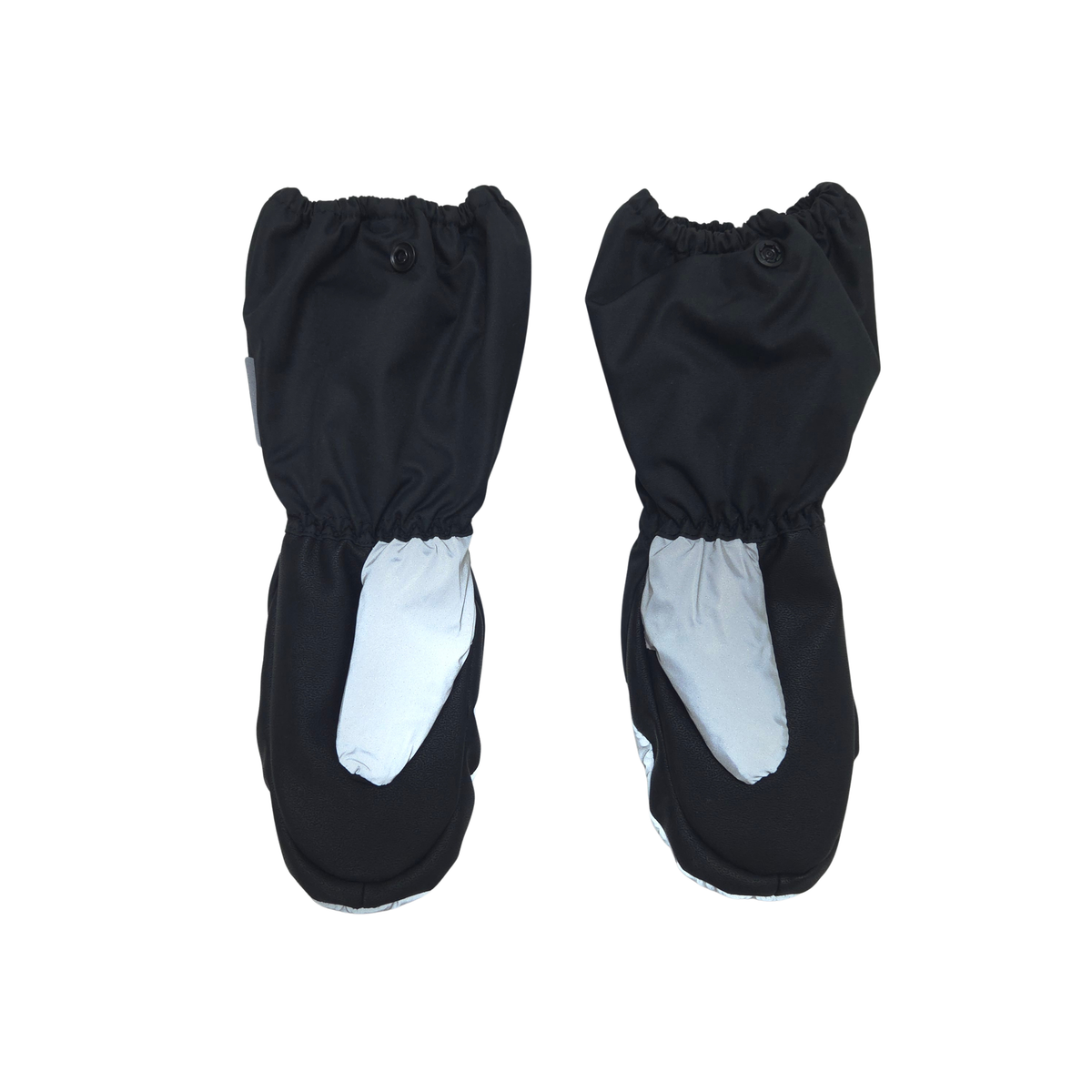 A pair of black and reflective winter mittens shown flat against a white background.