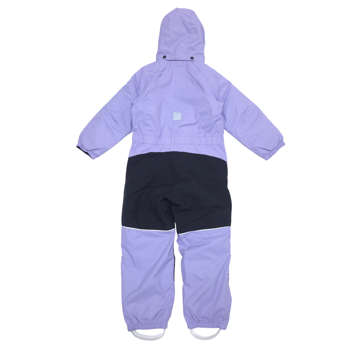 A children's hooded snowsuit shown from the back, featuring a light purple/lavender upper body and hood, a black central panel, and matching light purple lower legs with white elastic cuffs.