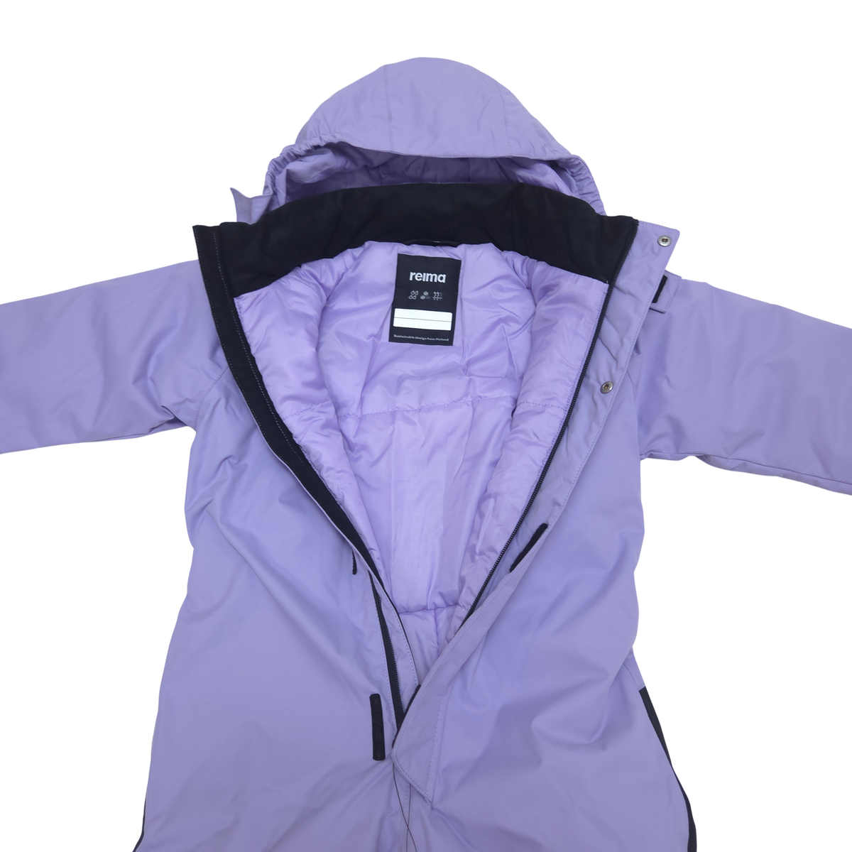 A lavender purple hooded puffer snowsuit with a black and purple inner lining and black zipper trim, shown laid flat against a white background.