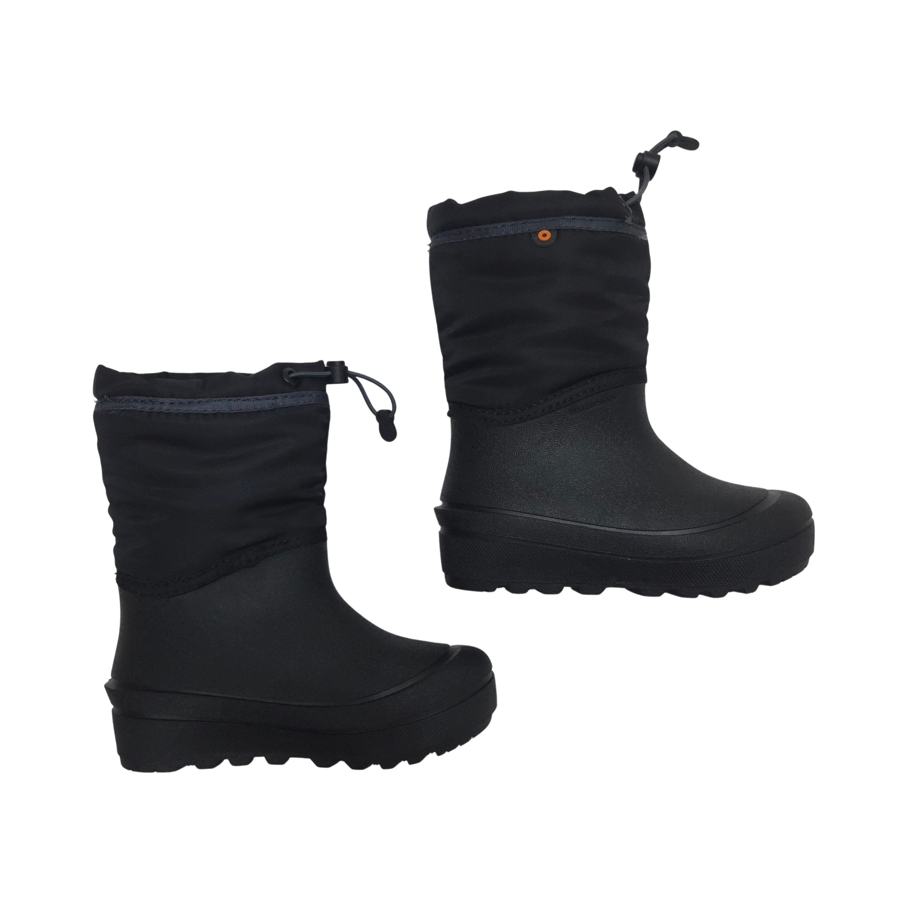 A pair of black winter snow boots with thick lug soles and drawstring closures, shown from the side and back angles on a plain white background.