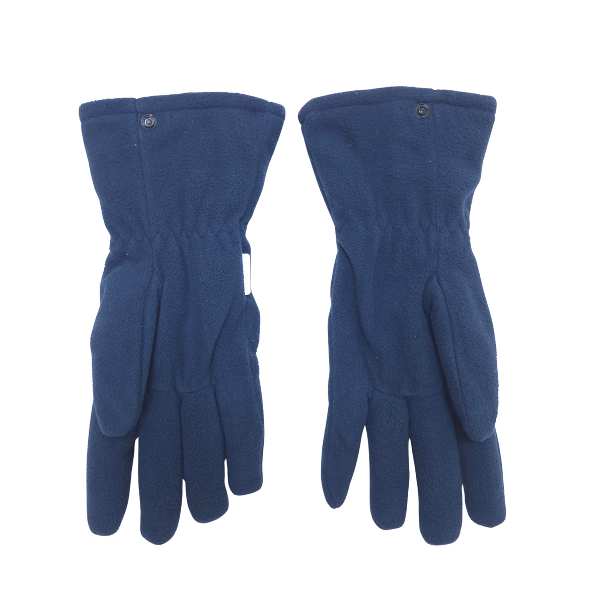 A pair of dark blue fleece work gloves shown flat against a solid white background.