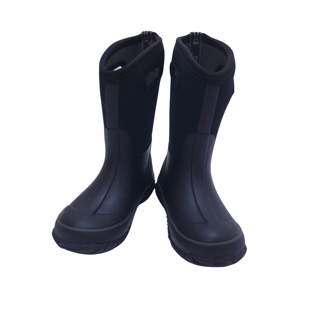A pair of black rubber winter boots, shown from a front-three-quarter angle on a plain white background.
