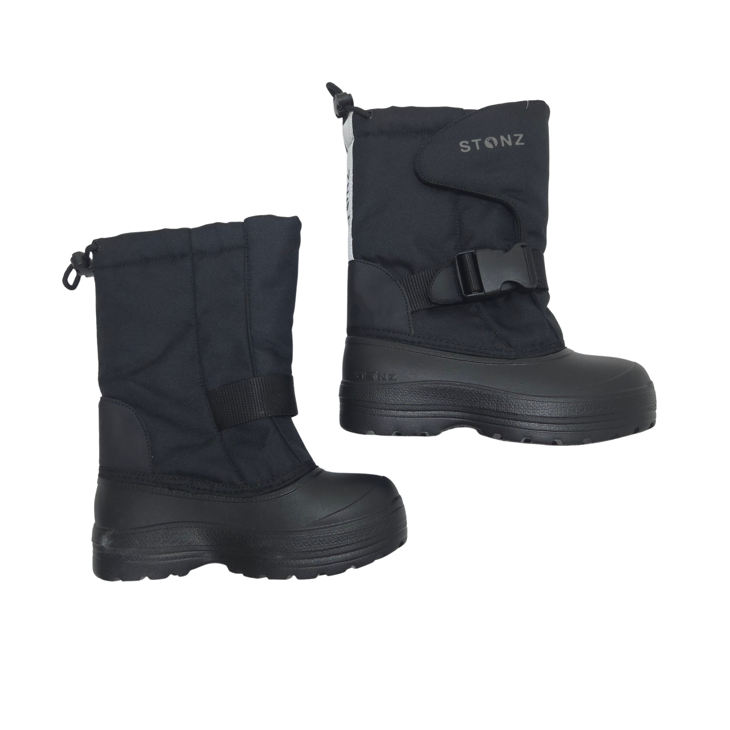 A pair of black STONZ winter boots with a padded upper, side buckle strap, and thick rubber sole, shown against a plain white background.