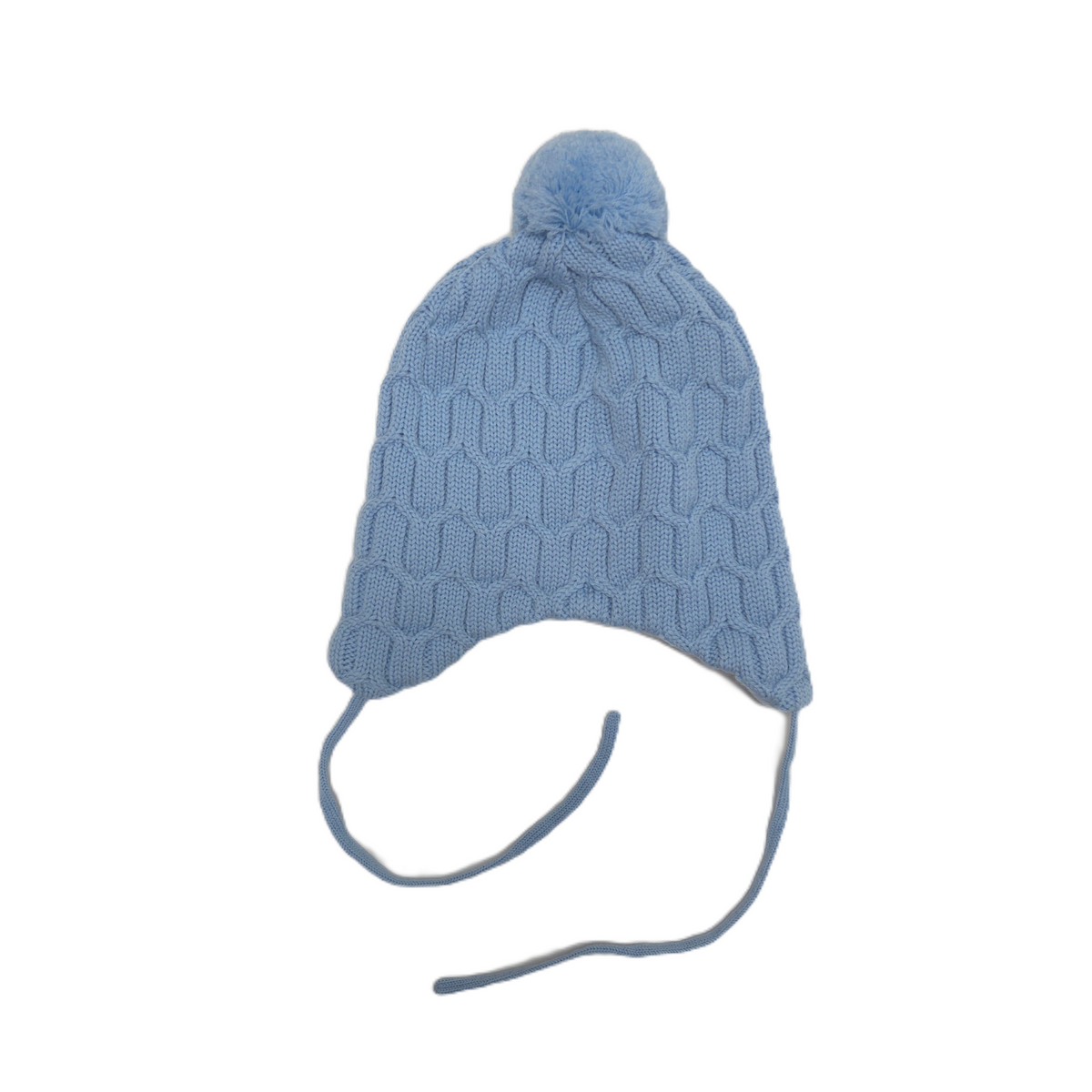 A light blue cable-knit beanie hat with a matching pom-pom on top and ear flaps with tie strings, shown against a plain white background.