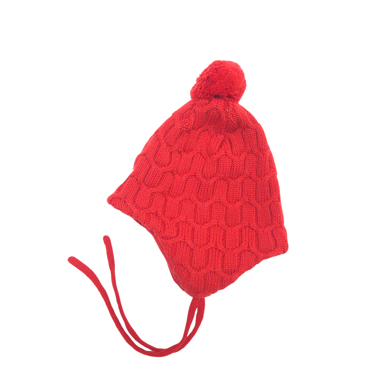A bright red knit pom-pom beanie hat with ear flaps and long red chin ties, shown on a plain white background.