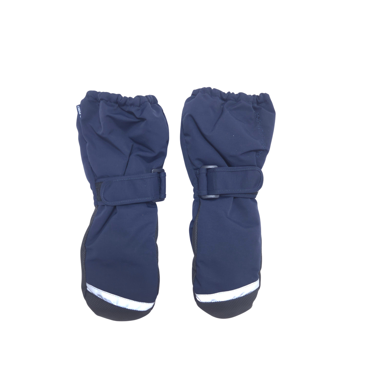 A pair of navy blue winter mittens with adjustable hook-and-loop straps and reflective white bands near the soles, shown against a plain white background.