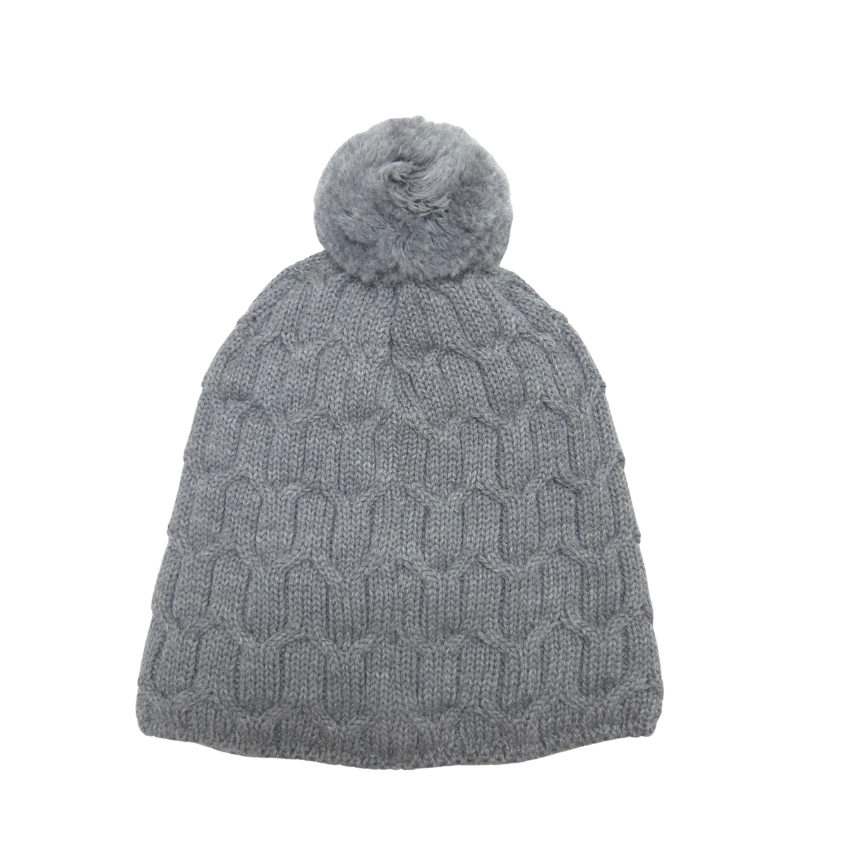 A gray cable-knit beanie hat with a fluffy gray pom-pom on top, shown against a plain white background.