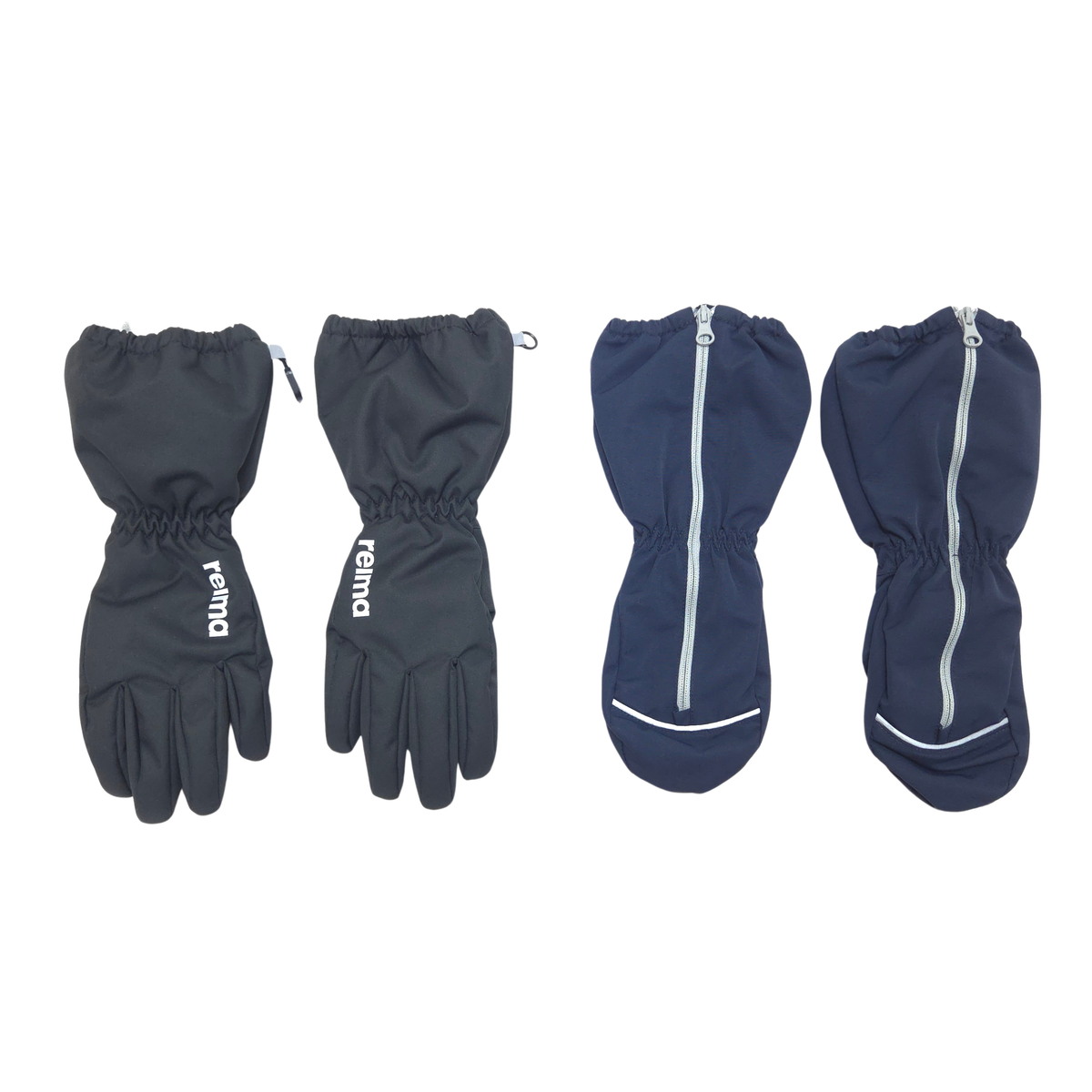 The set includes one pair of black winter mittens, size 4-6Y, and one pair of navy shell mittens, size 4-6Y.