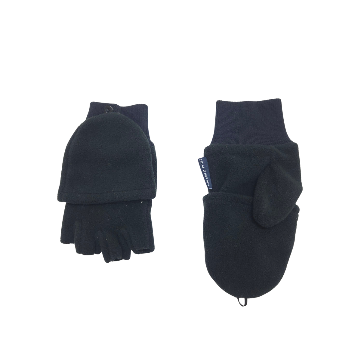 A pair of black fleece fingerless gloves, showing both the front with folded palms and the back with a wrist cuff and small blue brand tag, on a plain white background.