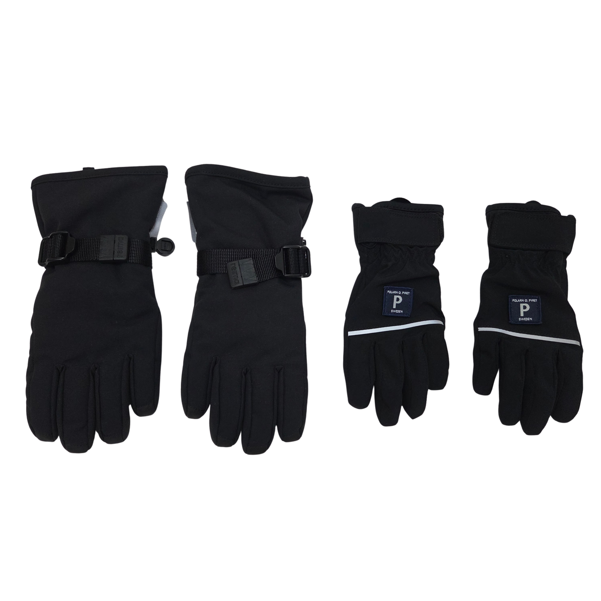 The set includes one pair of black winter gloves, size 4-6Y, and one pair of black softshell gloves, size 4-6Y.