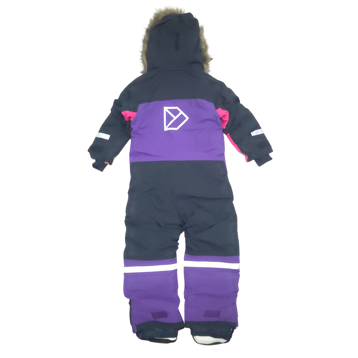 A children's full-body snowsuit shown from the back, featuring a black upper body, a wide purple chest panel with a white geometric logo, and purple lower leg sections with white reflective stripes.