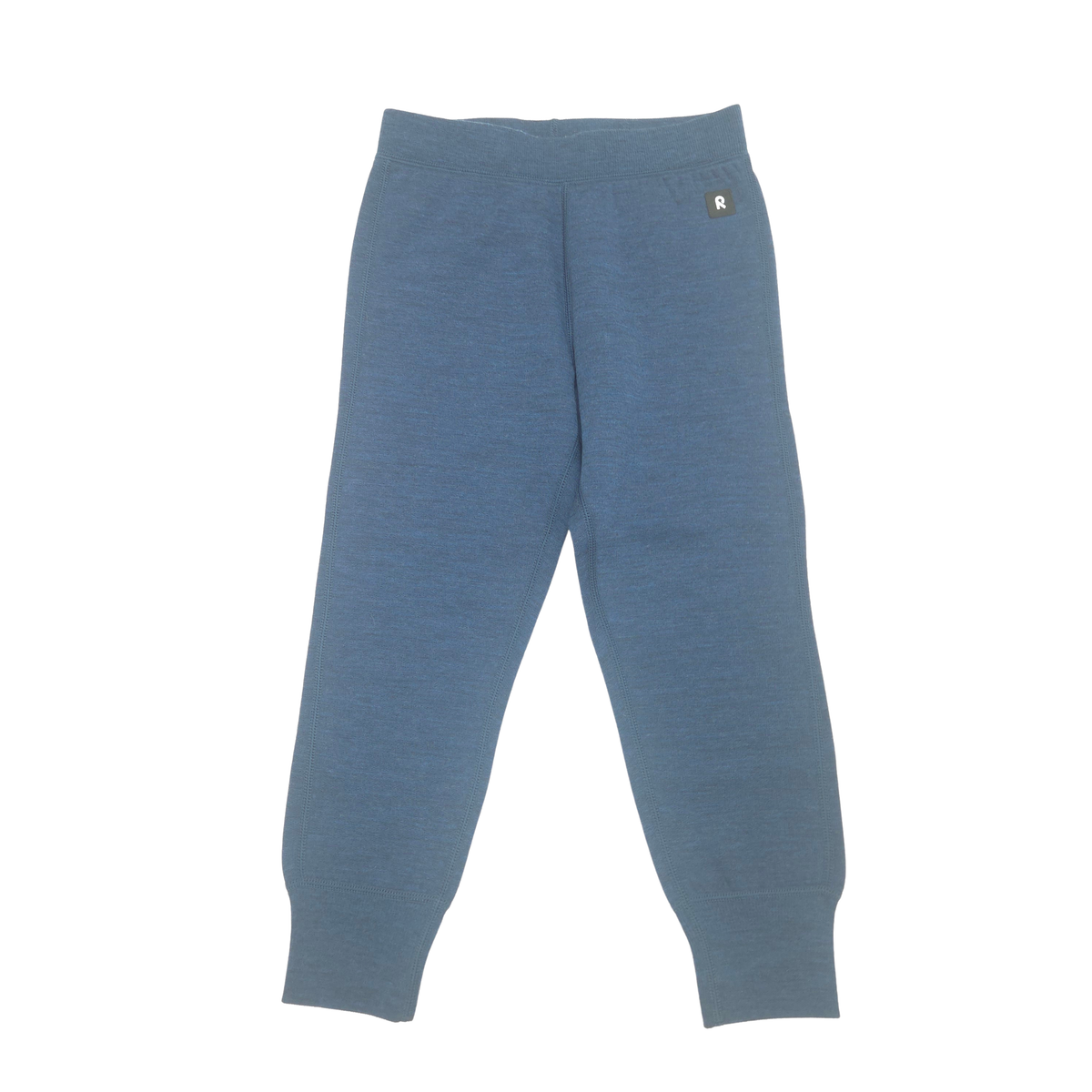 A pair of heathered slate blue mid layer pants with a small logo, displayed flat against a solid white background.