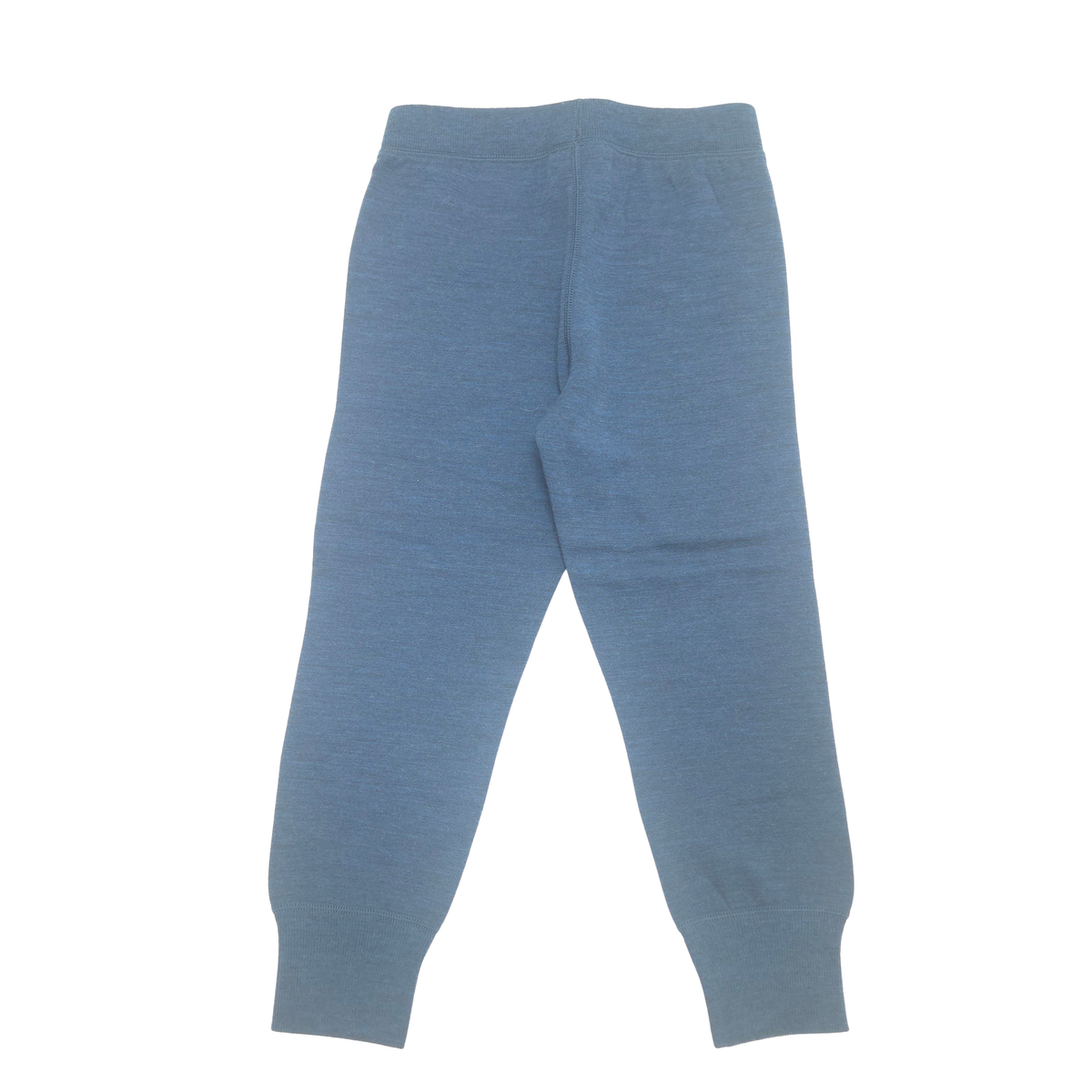 A pair of heathered blue mid layer pants with an elastic waistband and ribbed ankle cuffs, shown flat against a white background.