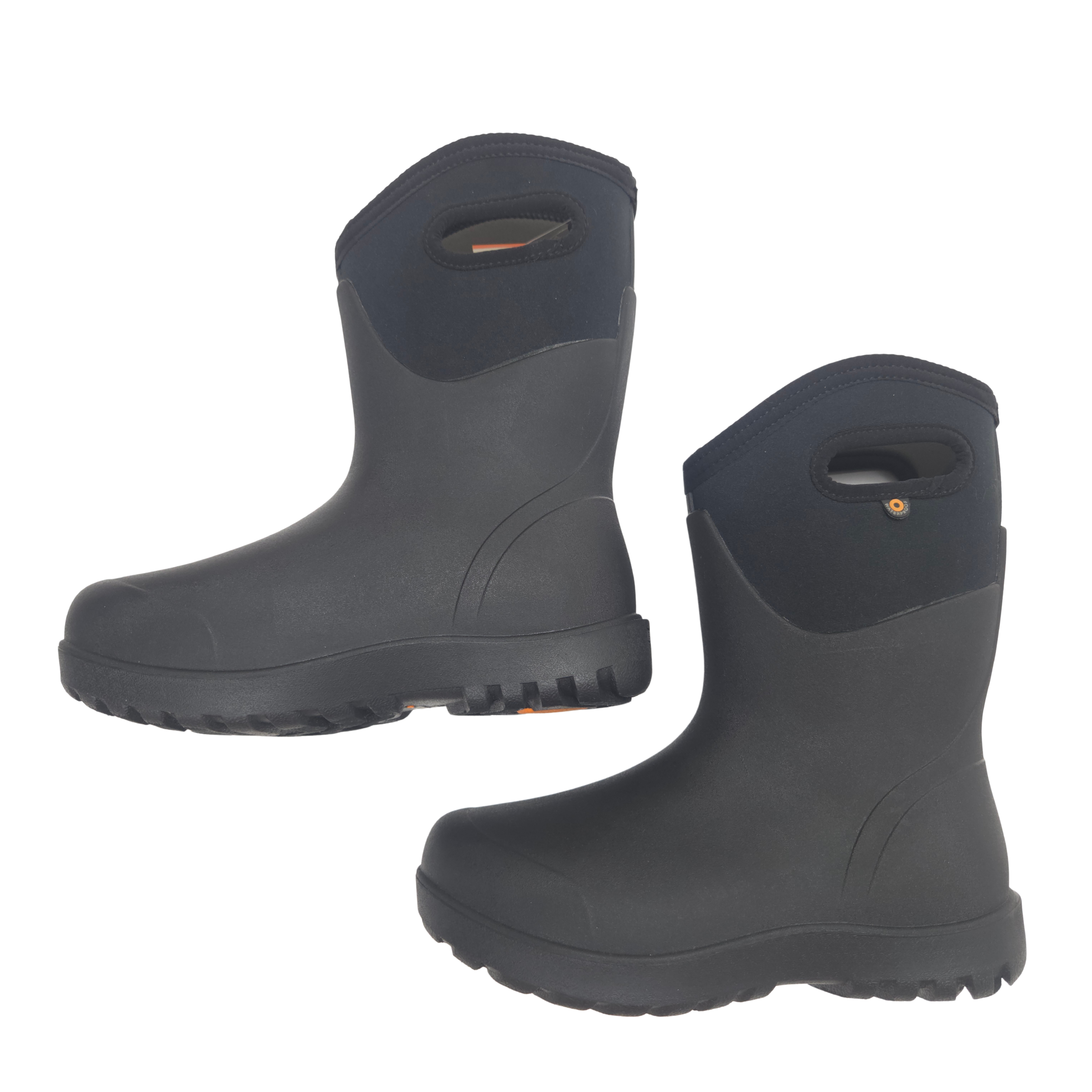 A pair of black rubber winter boots with integrated handle cutouts, shown on a plain white background.