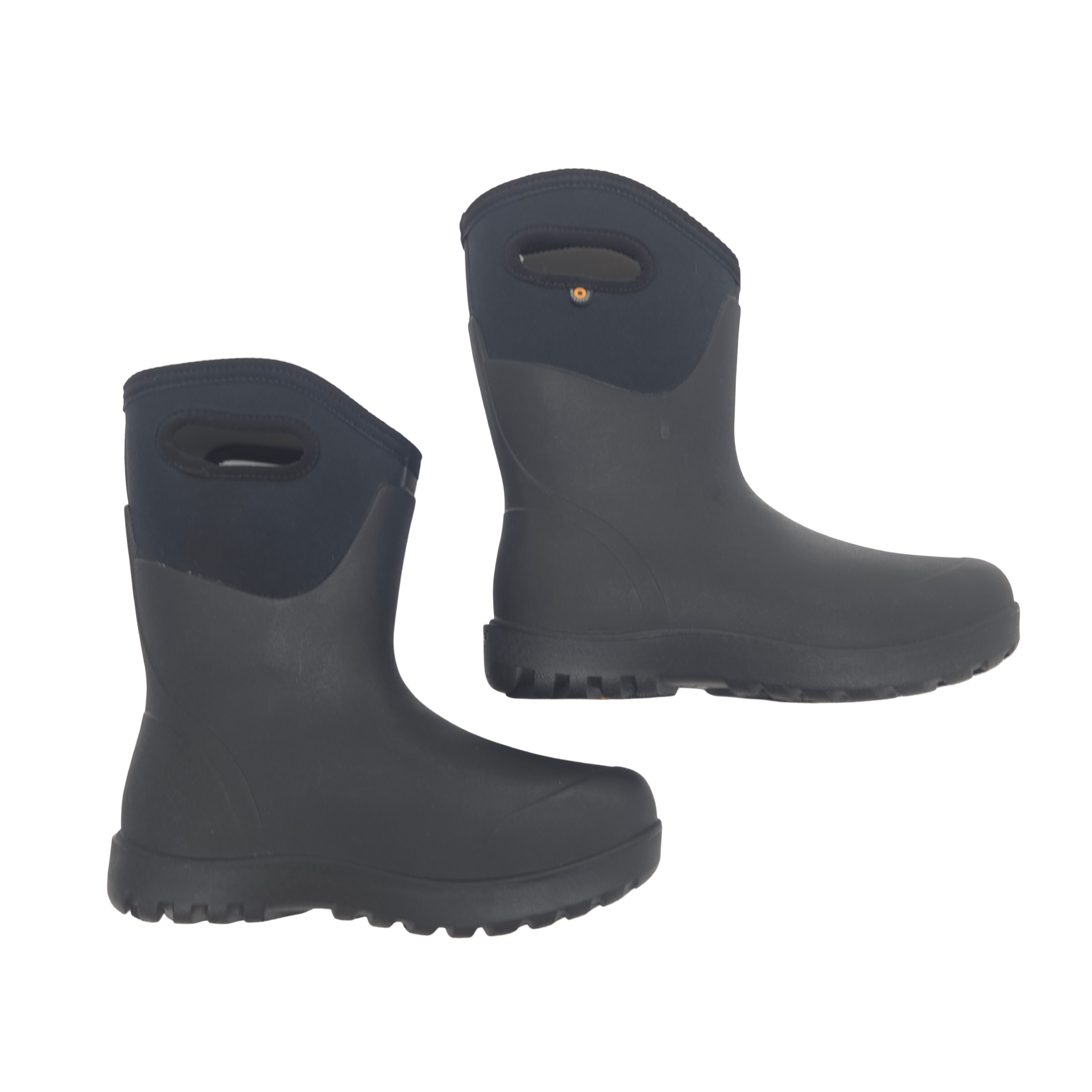 A pair of black rubber winter boots with integrated handle cutouts, shown on a plain white background.