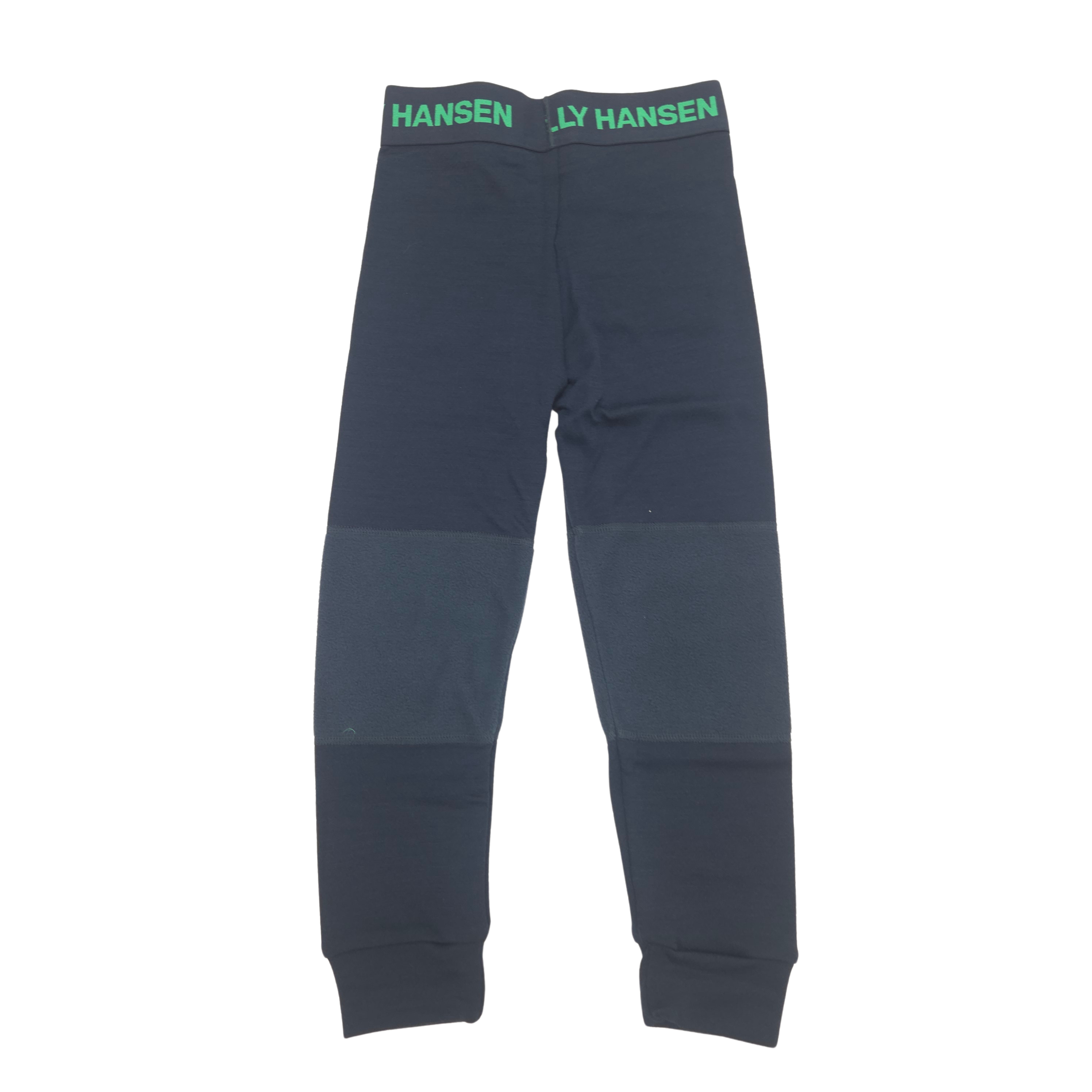 Navy wool pants with green text branding on the waistband and fleece patchwork panels on the legs, shown flat on a white background.