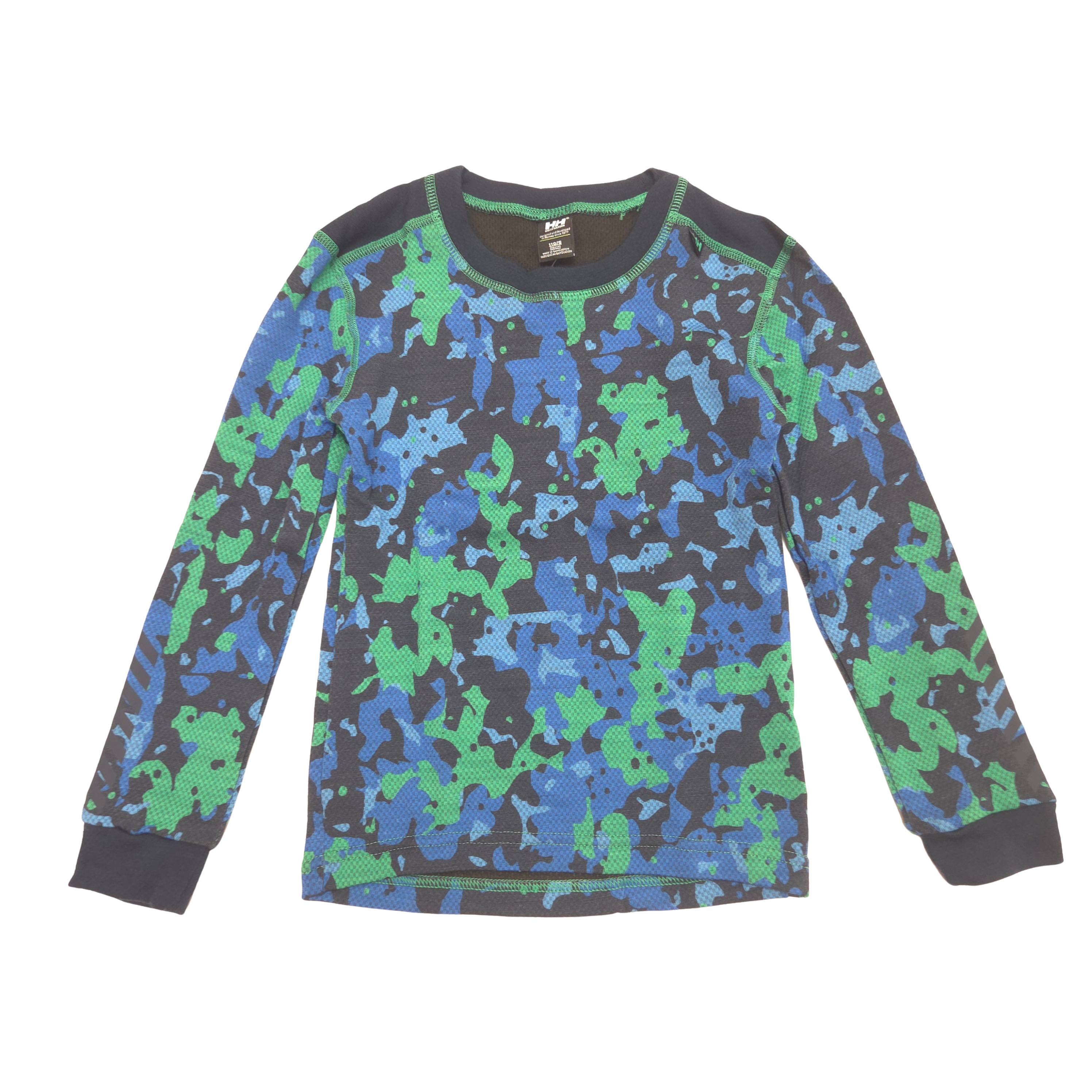 A long-sleeve crewneck base layer shirt for kids featuring a blue, green, and black camouflage pattern, laid flat against a white background.