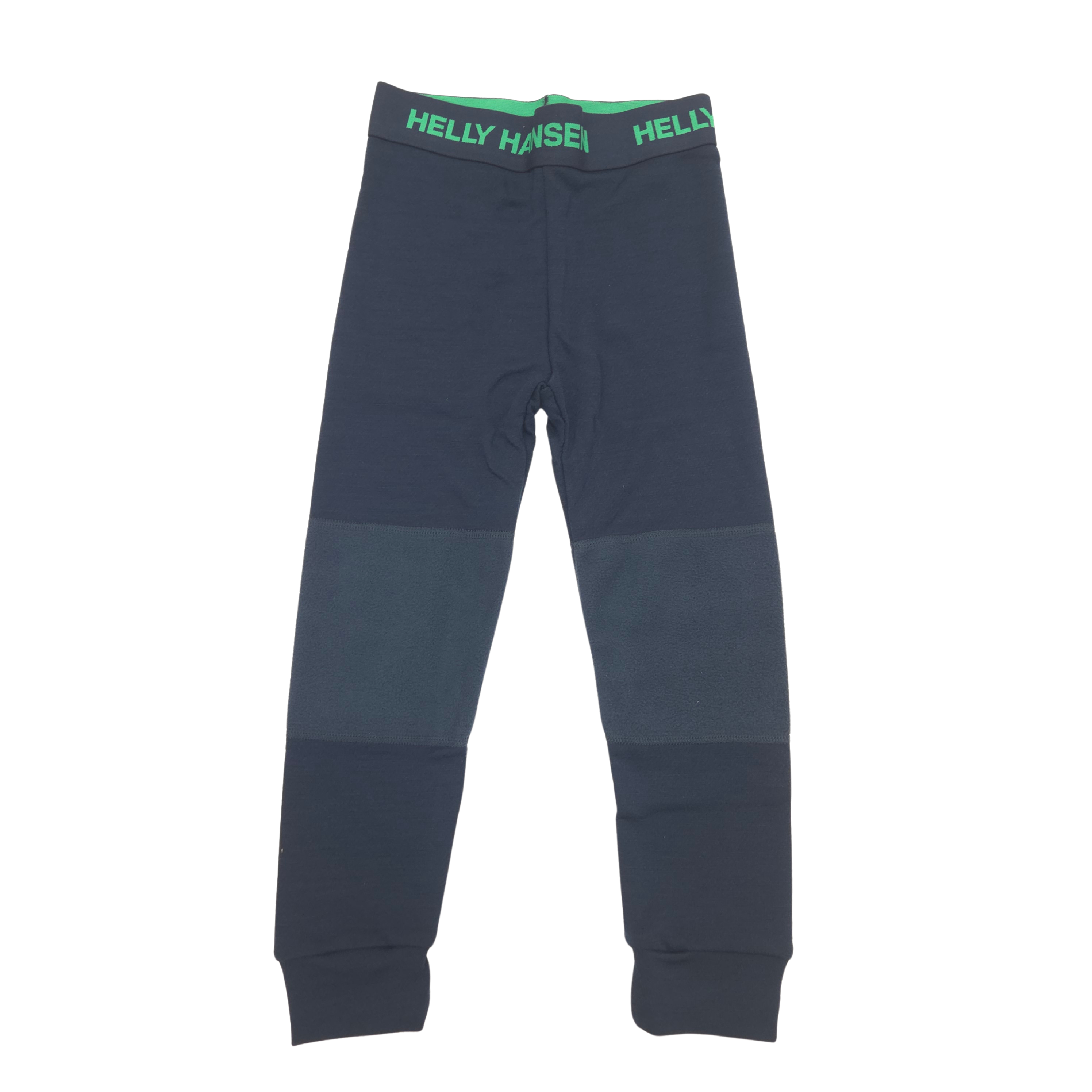 A pair of dark navy blue wool pants with fleece panels in navy, featuring a green elastic waistband with 'HELLY HANSEN' text