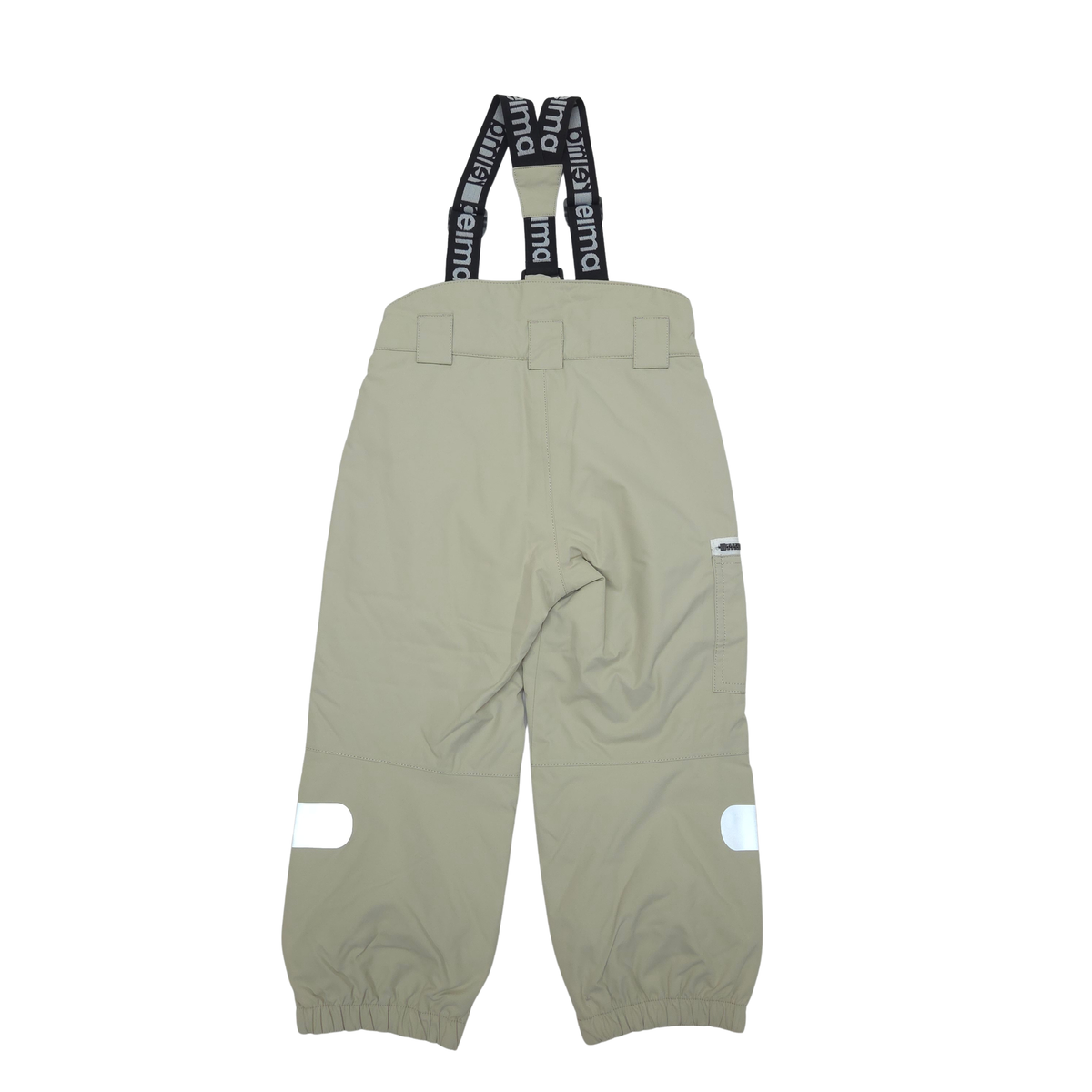 A pair of beige lined shell panst pants with adjustable black suspenders featuring white text, shown against a plain white background.